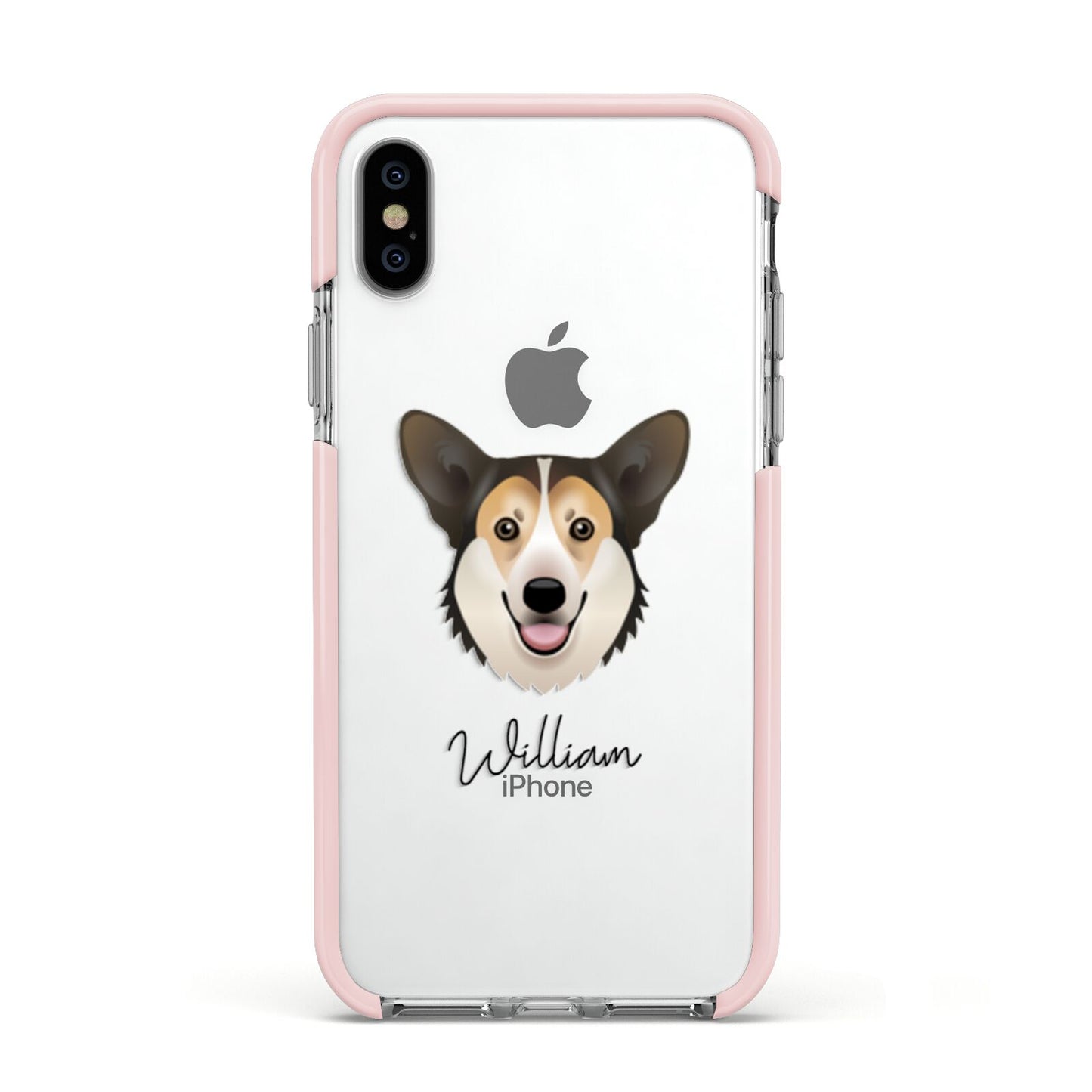 Pembroke Welsh Corgi Personalised Apple iPhone Xs Impact Case Pink Edge on Silver Phone