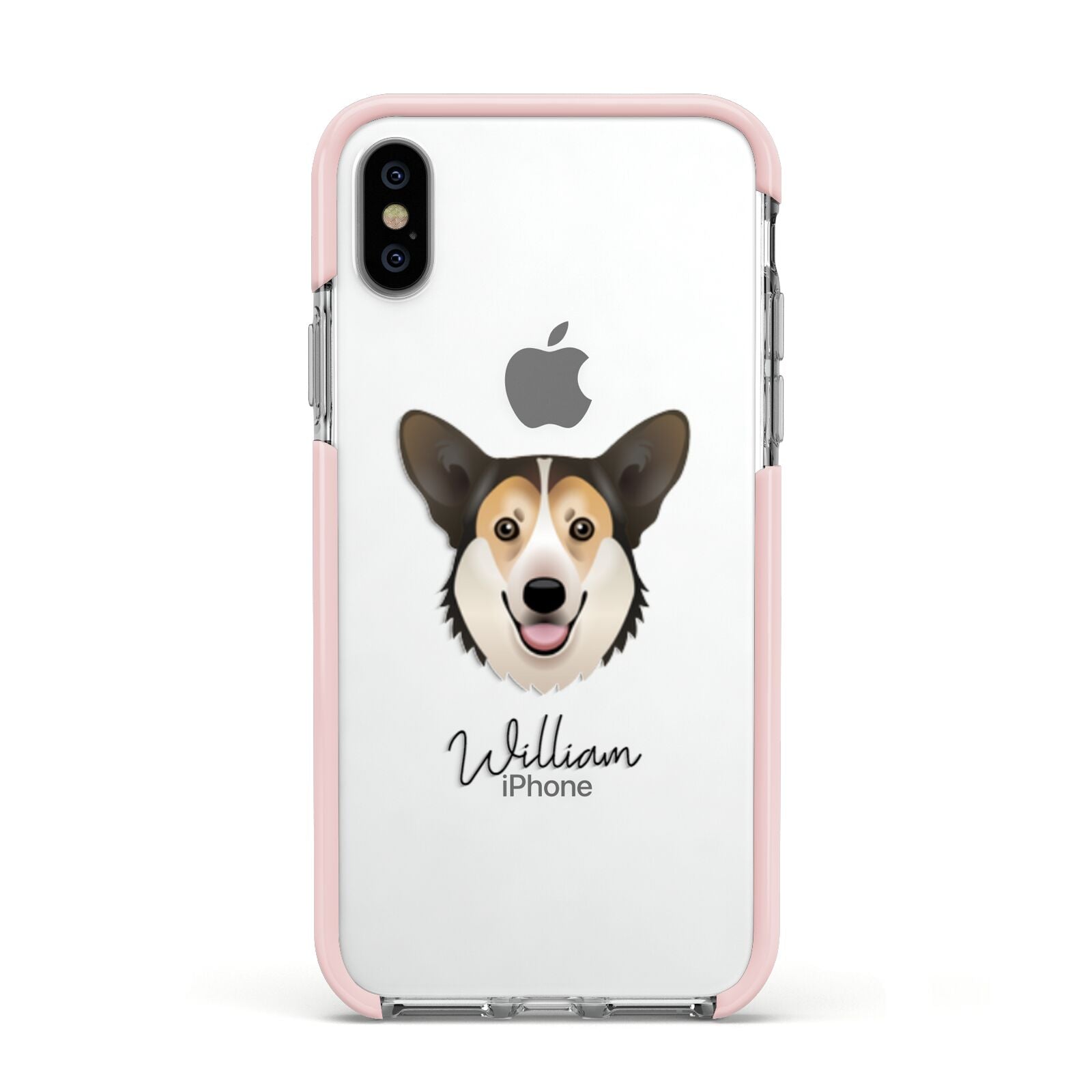 Pembroke Welsh Corgi Personalised Apple iPhone Xs Impact Case Pink Edge on Silver Phone