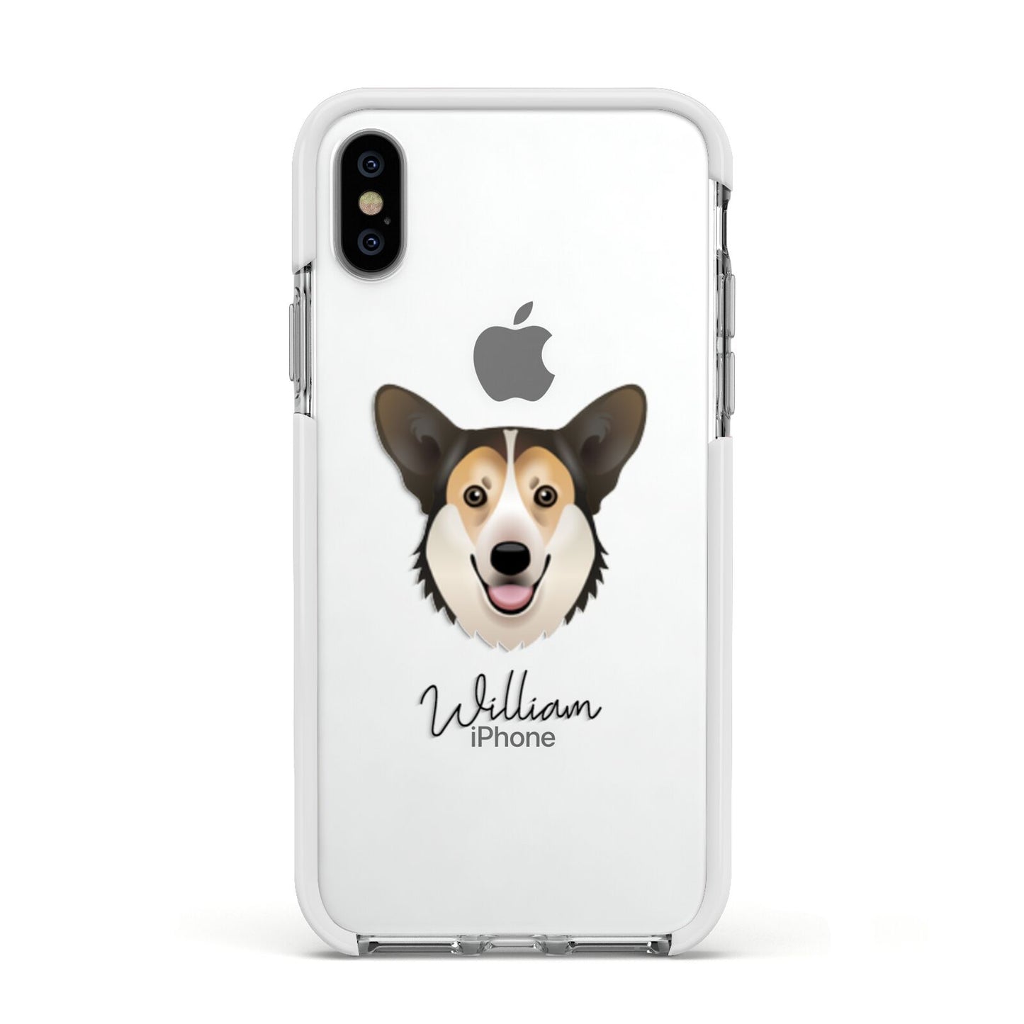 Pembroke Welsh Corgi Personalised Apple iPhone Xs Impact Case White Edge on Silver Phone
