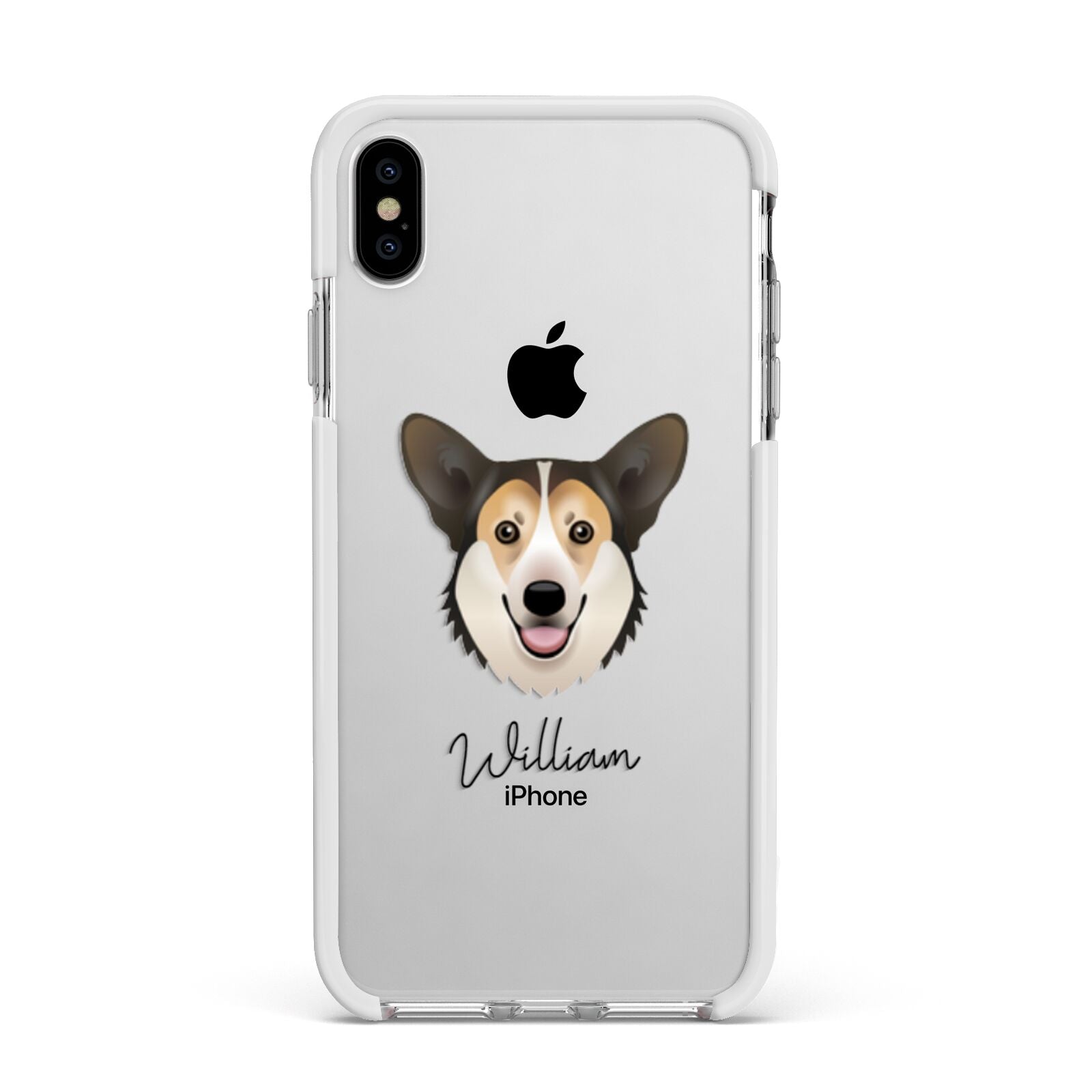 Pembroke Welsh Corgi Personalised Apple iPhone Xs Max Impact Case White Edge on Silver Phone