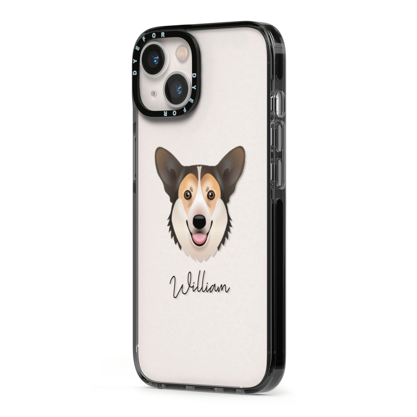 Pembroke Welsh Corgi Personalised iPhone 13 Black Impact Case Side Angle on Silver phone