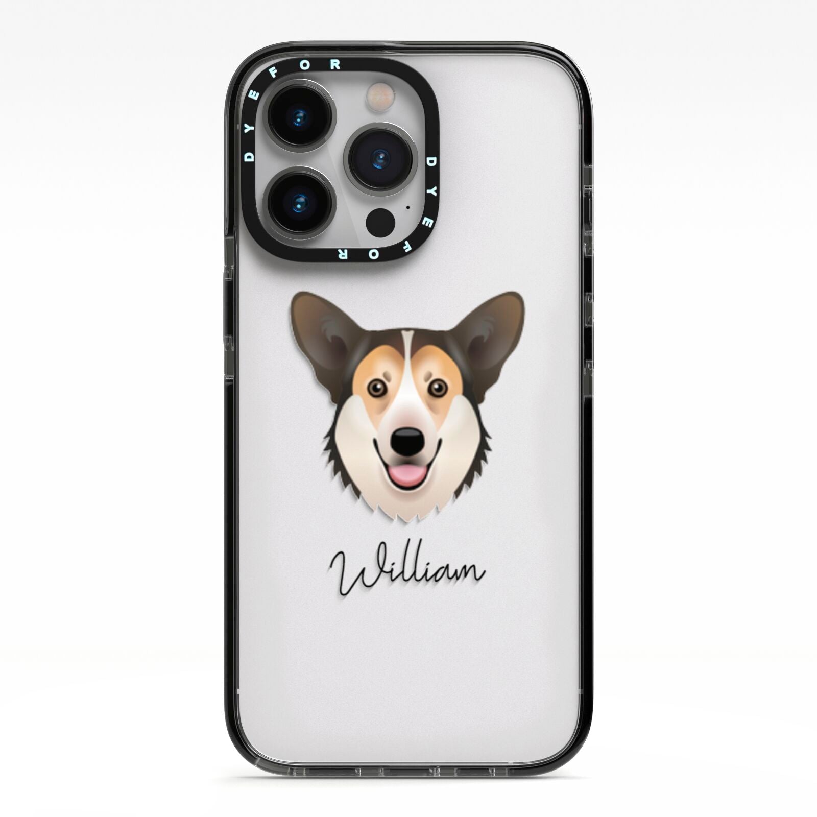 Pembroke Welsh Corgi Personalised iPhone 13 Pro Black Impact Case on Silver phone