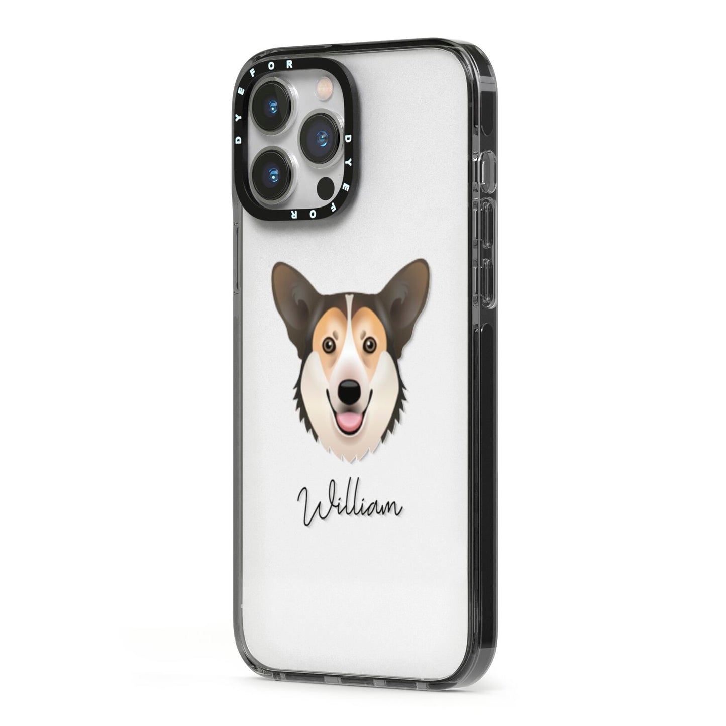 Pembroke Welsh Corgi Personalised iPhone 13 Pro Max Black Impact Case Side Angle on Silver phone