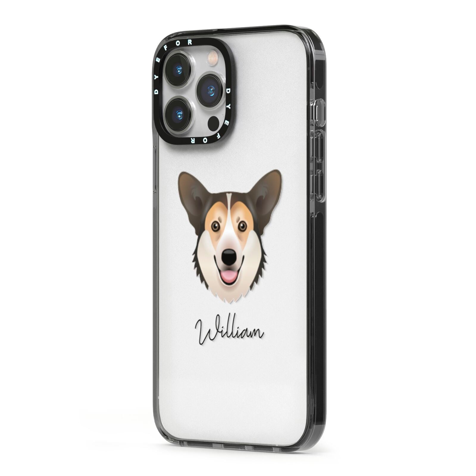 Pembroke Welsh Corgi Personalised iPhone 13 Pro Max Black Impact Case Side Angle on Silver phone