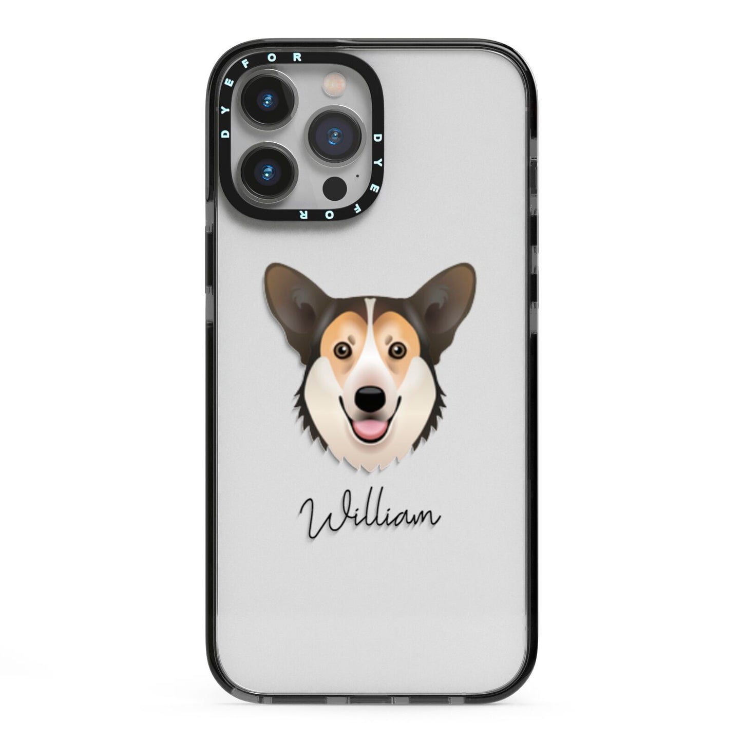 Pembroke Welsh Corgi Personalised iPhone 13 Pro Max Black Impact Case on Silver phone