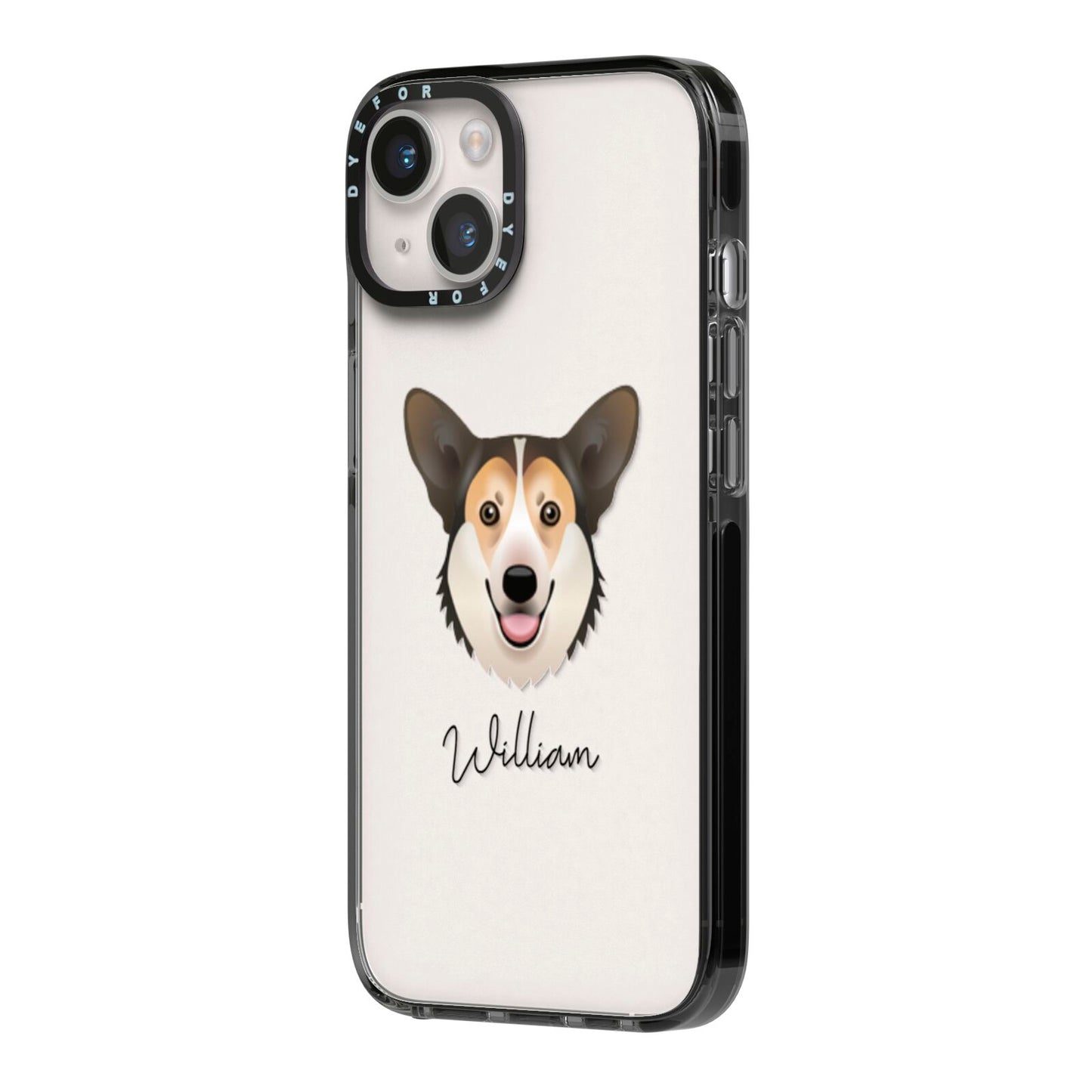 Pembroke Welsh Corgi Personalised iPhone 14 Black Impact Case Side Angle on Silver phone