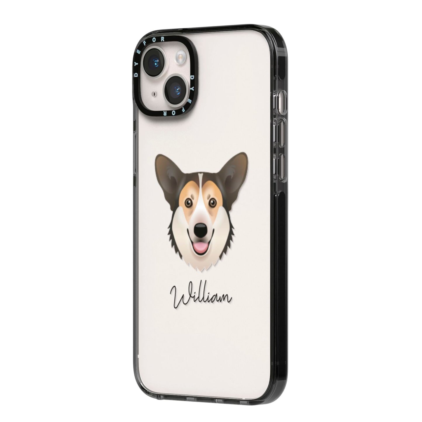 Pembroke Welsh Corgi Personalised iPhone 14 Plus Black Impact Case Side Angle on Silver phone