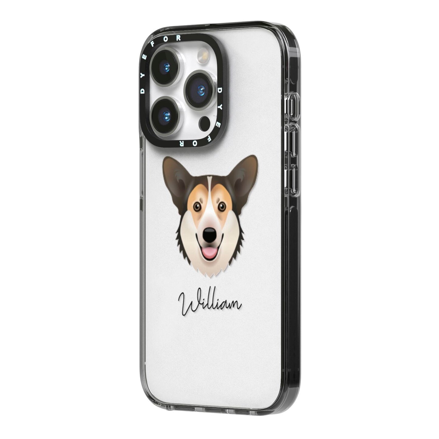 Pembroke Welsh Corgi Personalised iPhone 14 Pro Black Impact Case Side Angle on Silver phone