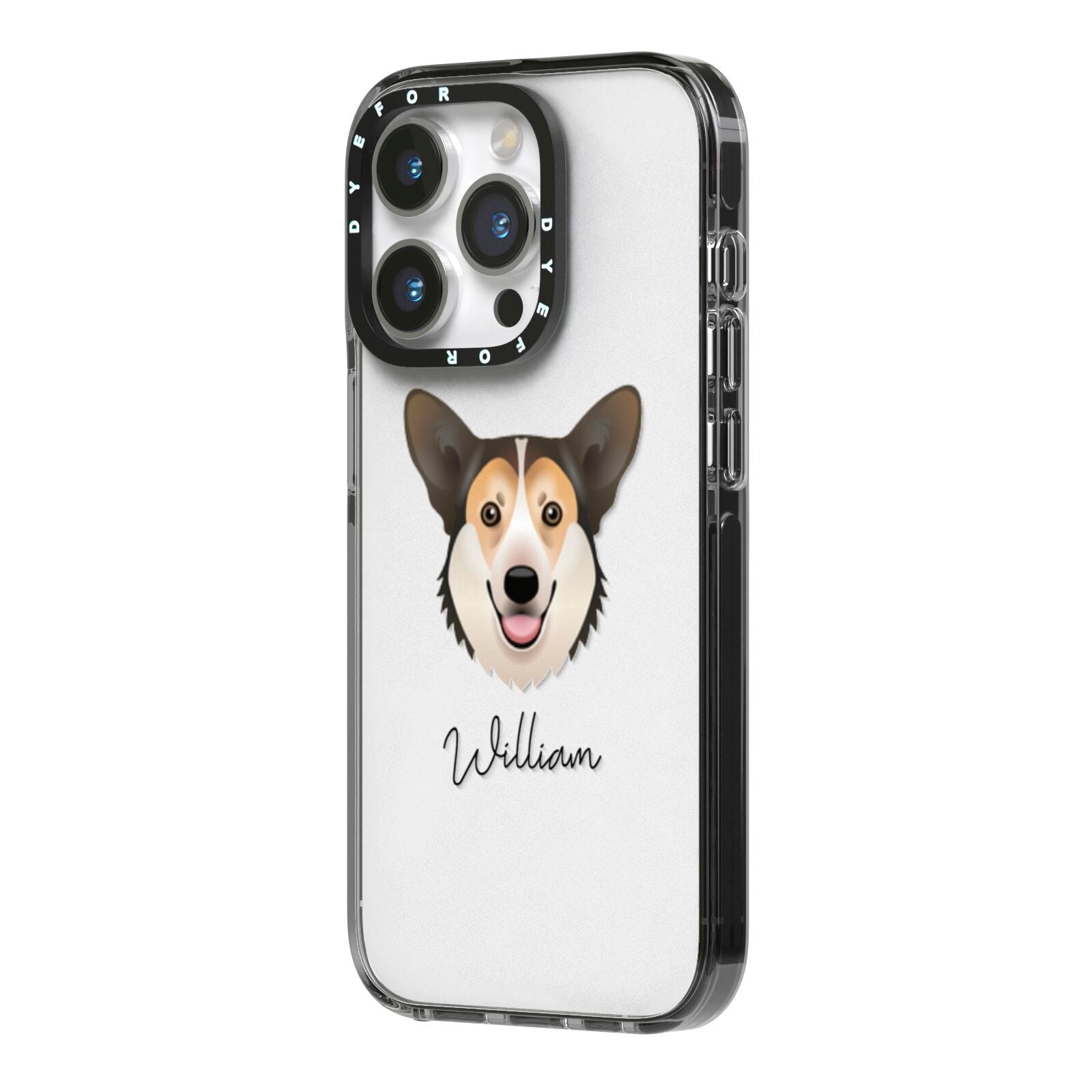 Pembroke Welsh Corgi Personalised iPhone 14 Pro Black Impact Case Side Angle on Silver phone