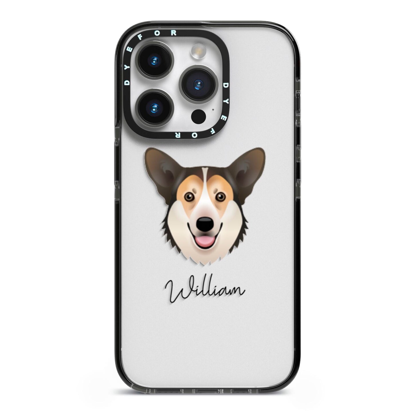 Pembroke Welsh Corgi Personalised iPhone 14 Pro Black Impact Case on Silver phone