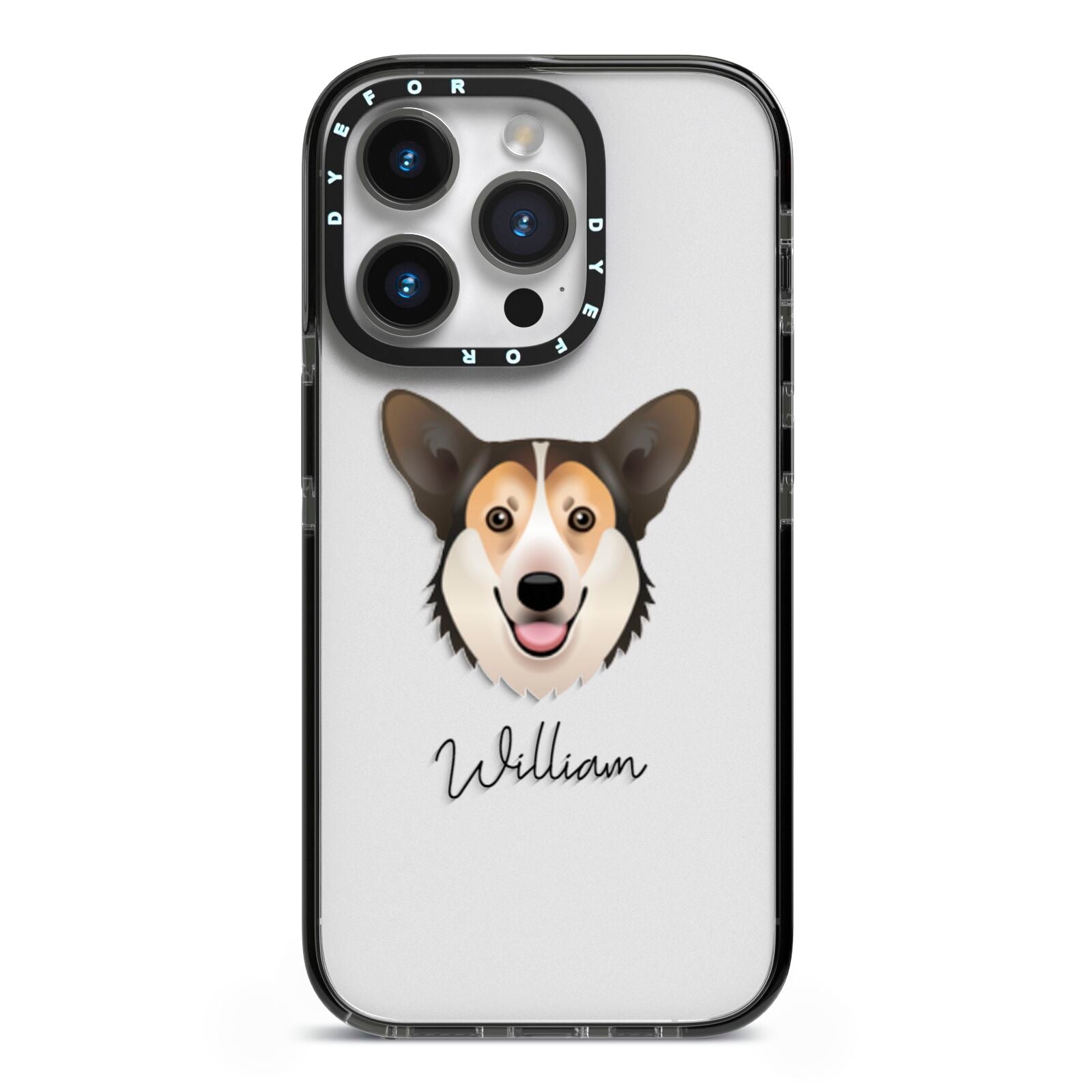 Pembroke Welsh Corgi Personalised iPhone 14 Pro Black Impact Case on Silver phone