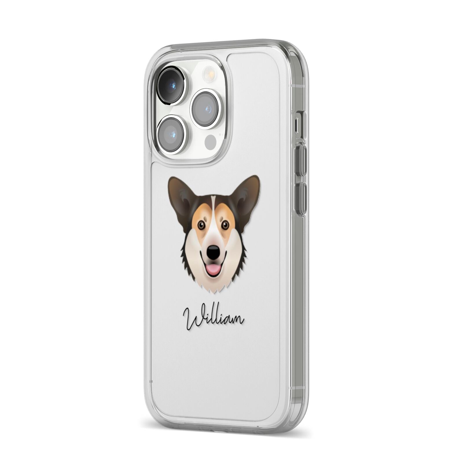 Pembroke Welsh Corgi Personalised iPhone 14 Pro Clear Tough Case Silver Angled Image