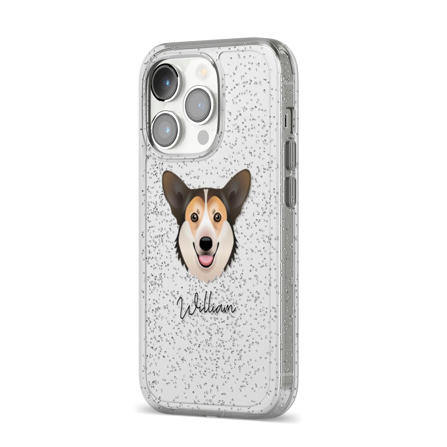 Pembroke Welsh Corgi Personalised iPhone 14 Pro Glitter Tough Case Silver Angled Image