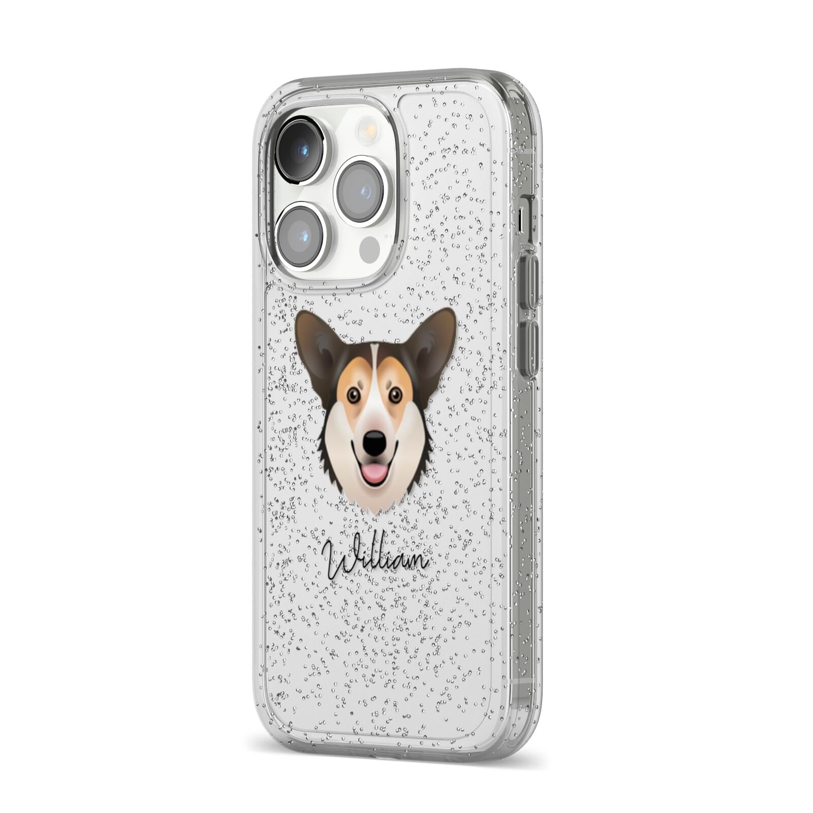 Pembroke Welsh Corgi Personalised iPhone 14 Pro Glitter Tough Case Silver Angled Image