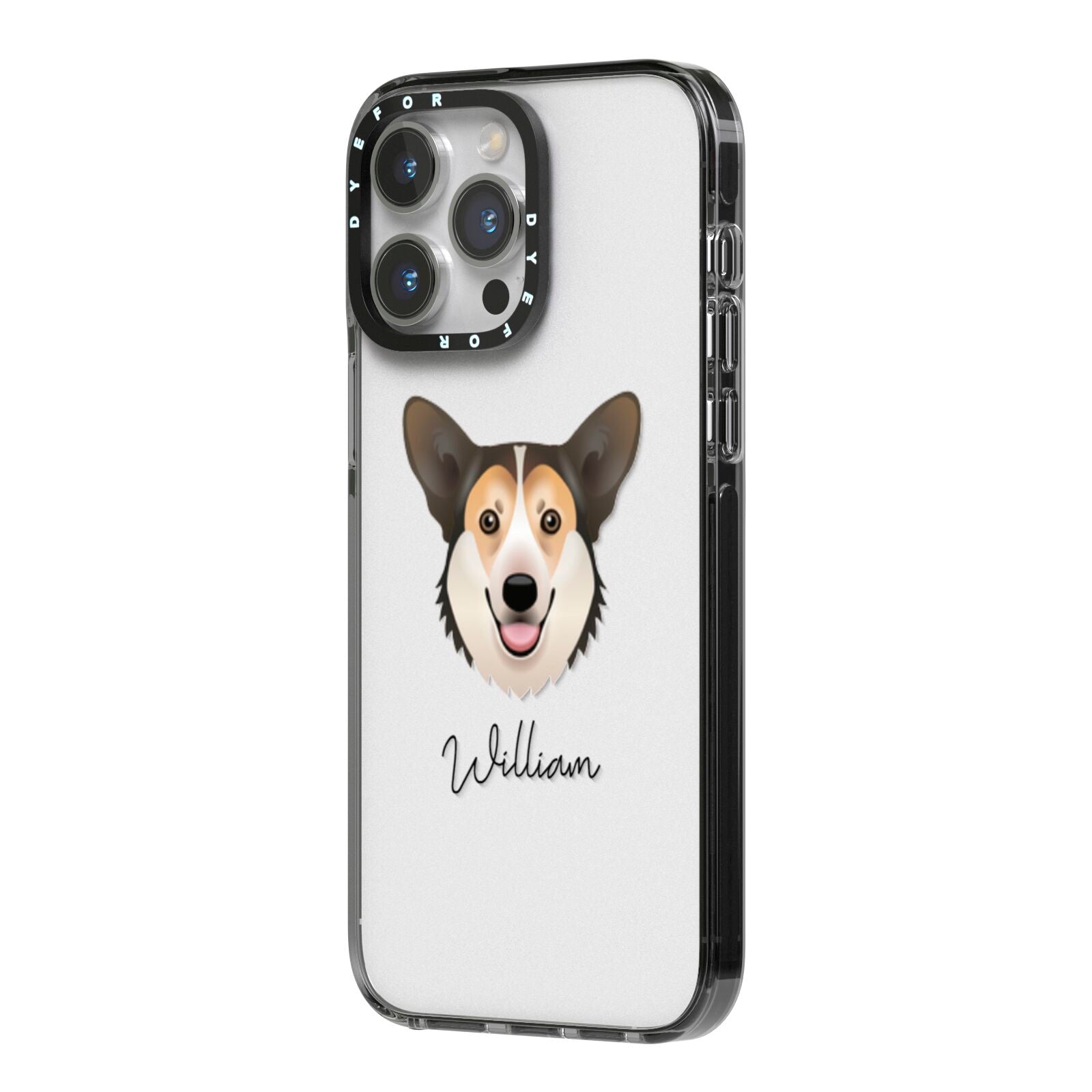 Pembroke Welsh Corgi Personalised iPhone 14 Pro Max Black Impact Case Side Angle on Silver phone
