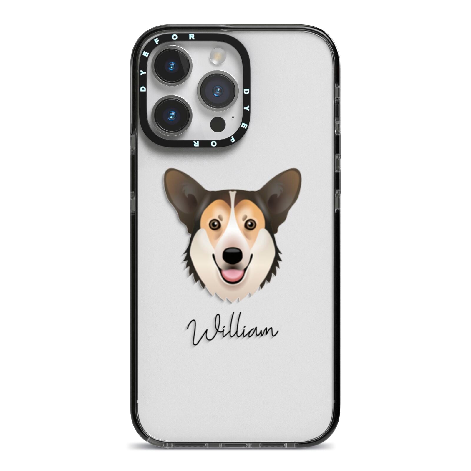 Pembroke Welsh Corgi Personalised iPhone 14 Pro Max Black Impact Case on Silver phone