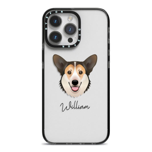 Pembroke Welsh Corgi Personalised iPhone 14 Pro Max Black Impact Case on Silver phone