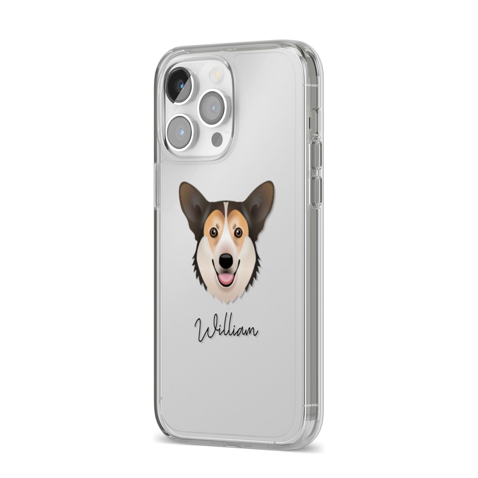 Pembroke Welsh Corgi Personalised iPhone 14 Pro Max Clear Tough Case Silver Angled Image