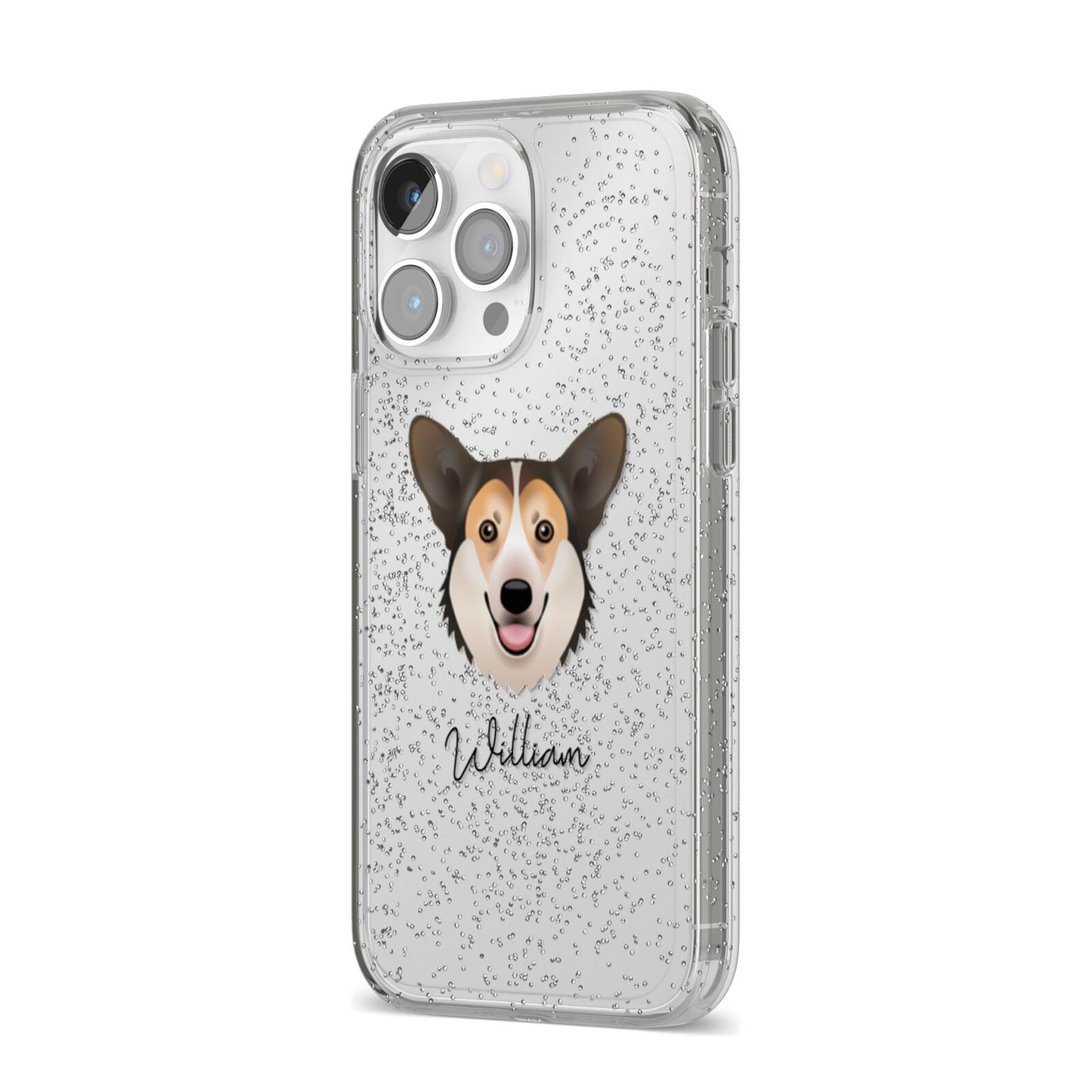 Pembroke Welsh Corgi Personalised iPhone 14 Pro Max Glitter Tough Case Silver Angled Image