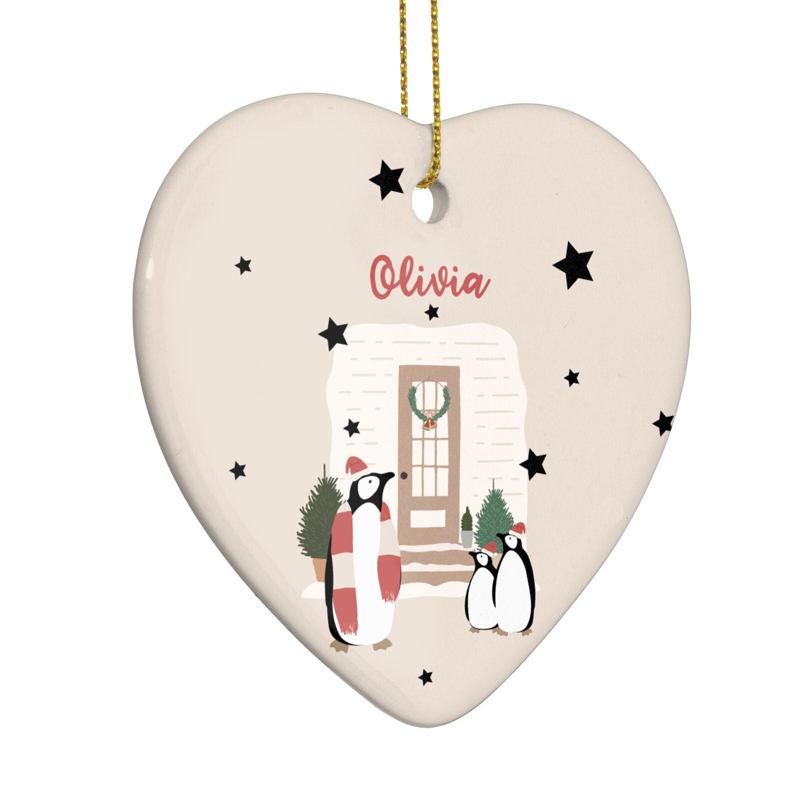 Penguin Christmas Personalised Heart Decoration Side Angle