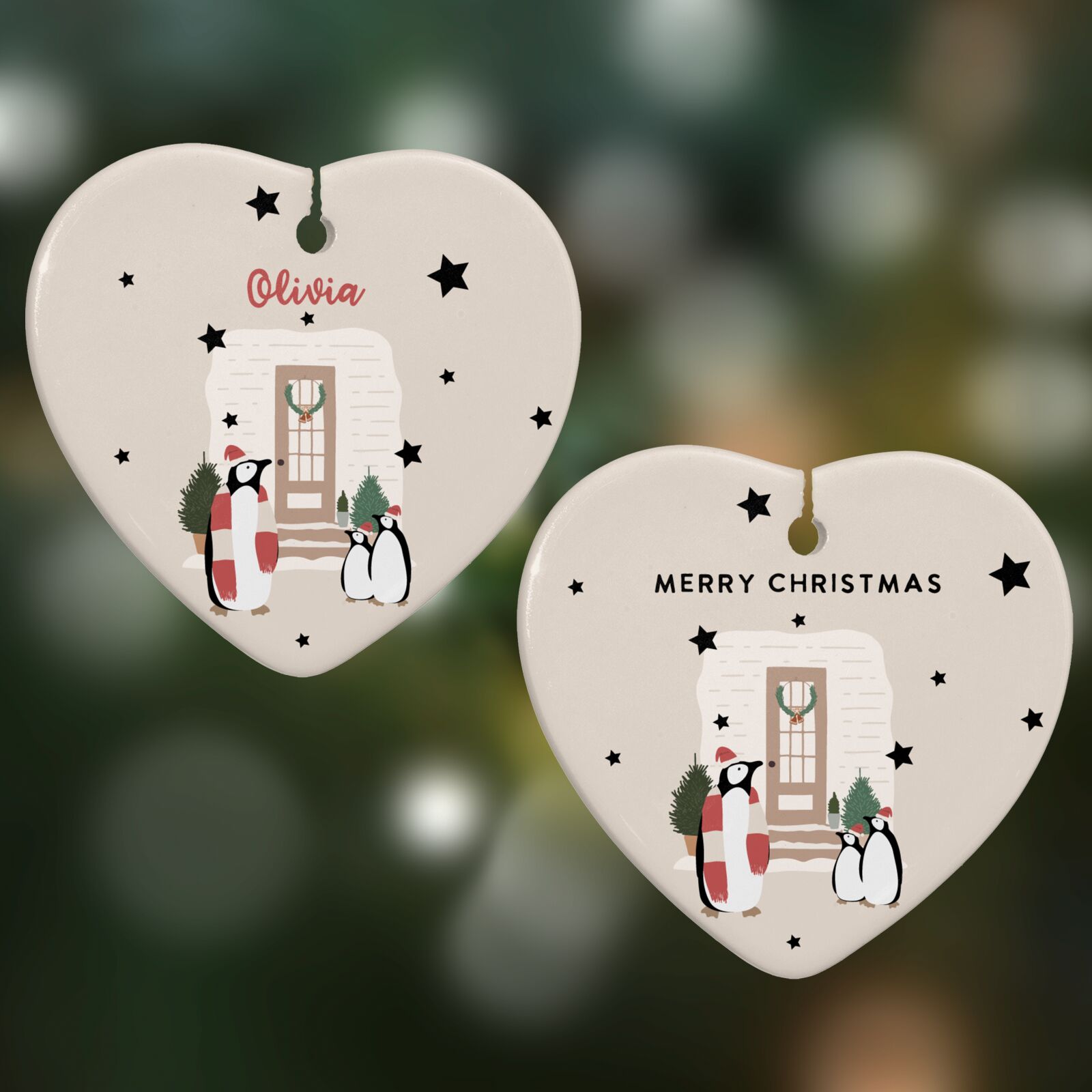 Penguin Christmas Personalised Heart Decoration on Christmas Background