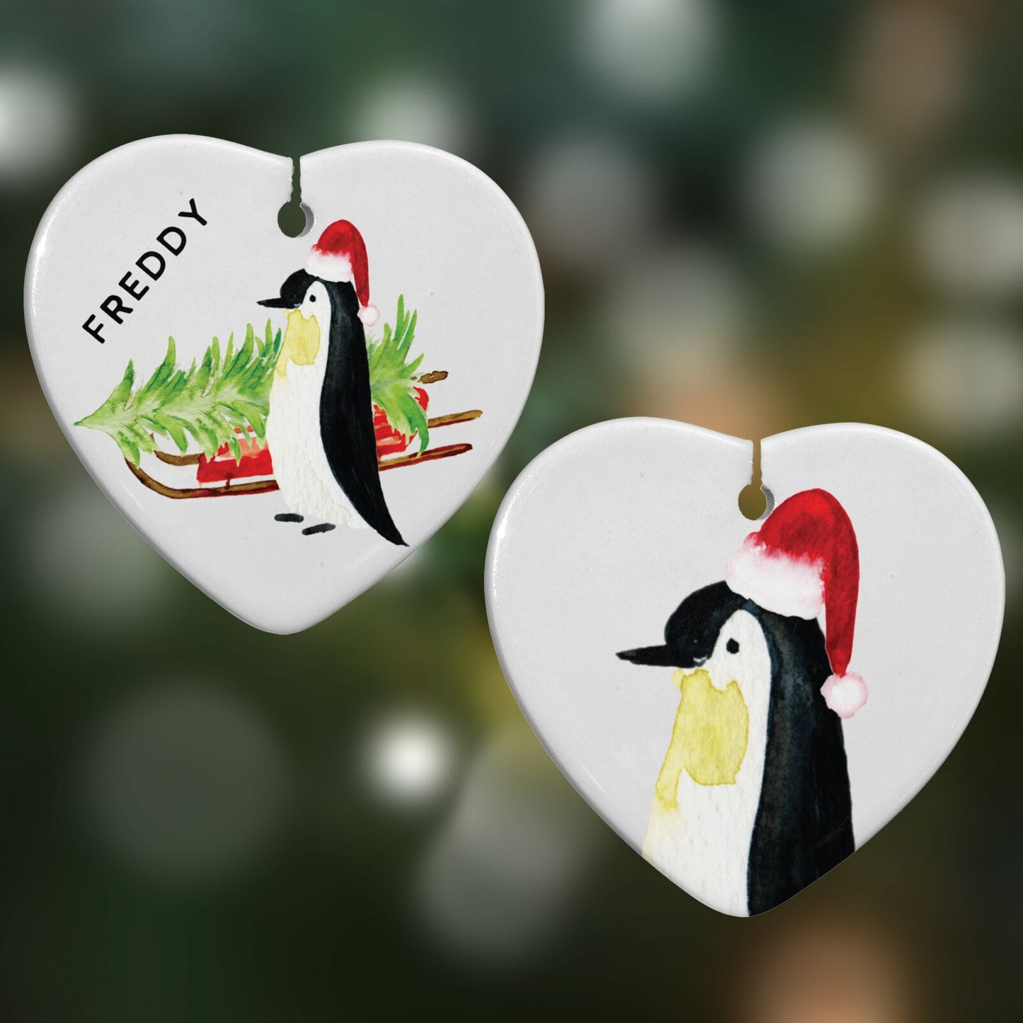 Penguin Personalised Heart Decoration on Christmas Background