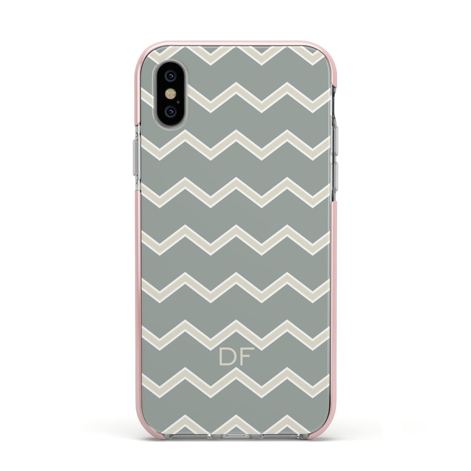 Personalised 2 Tone Chevron Apple iPhone Xs Impact Case Pink Edge on Silver Phone