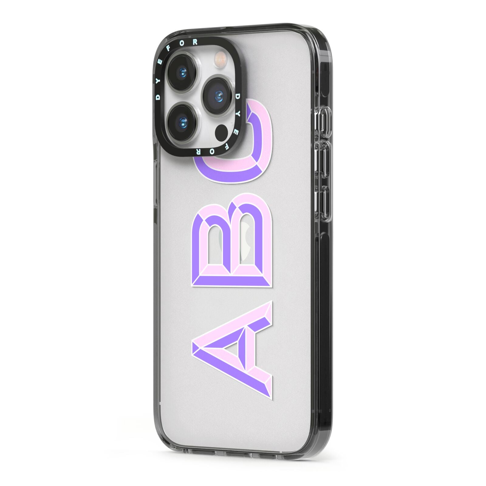 Personalised 3D Initials Monogram Clear Custom iPhone 13 Pro Black Impact Case Side Angle on Silver phone