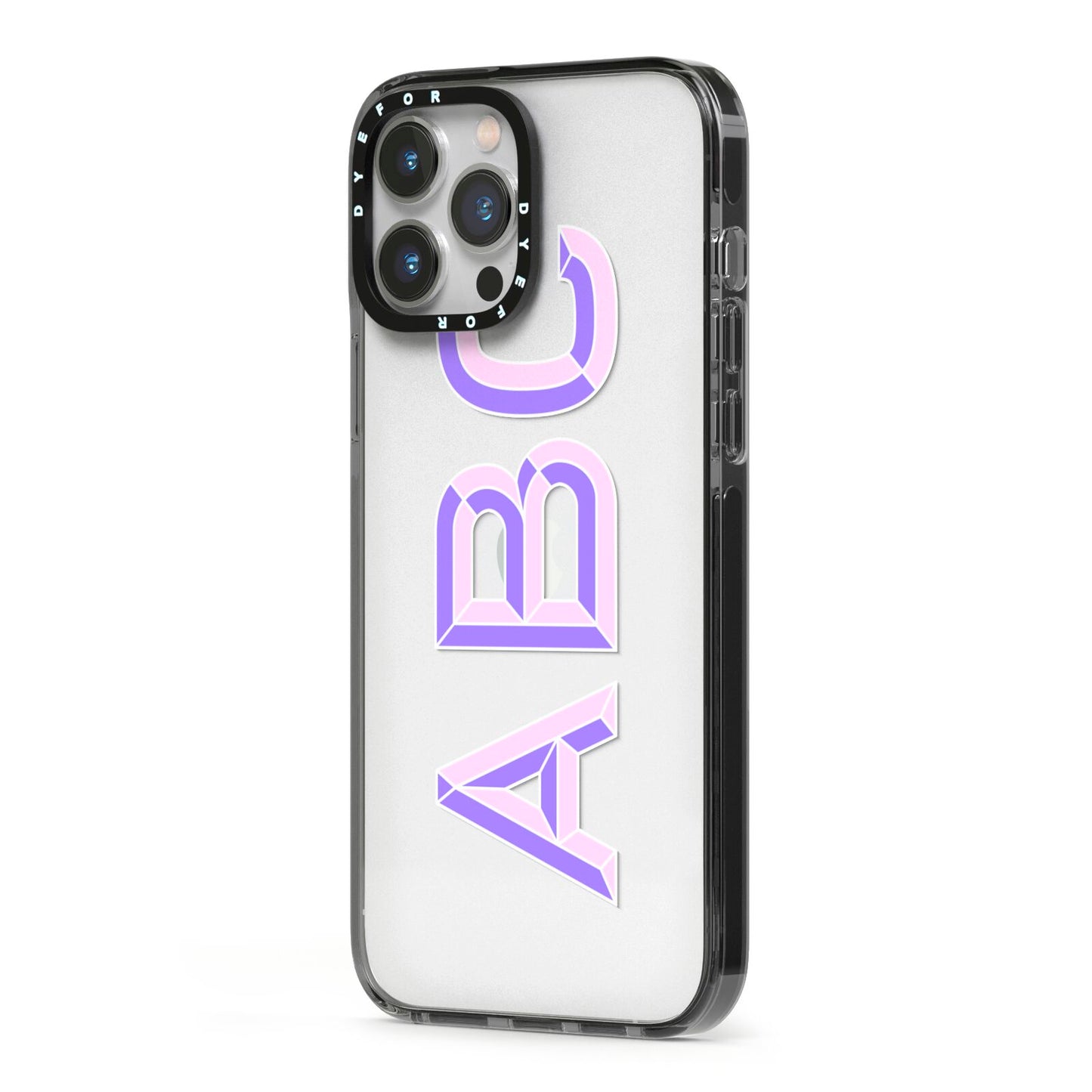 Personalised 3D Initials Monogram Clear Custom iPhone 13 Pro Max Black Impact Case Side Angle on Silver phone