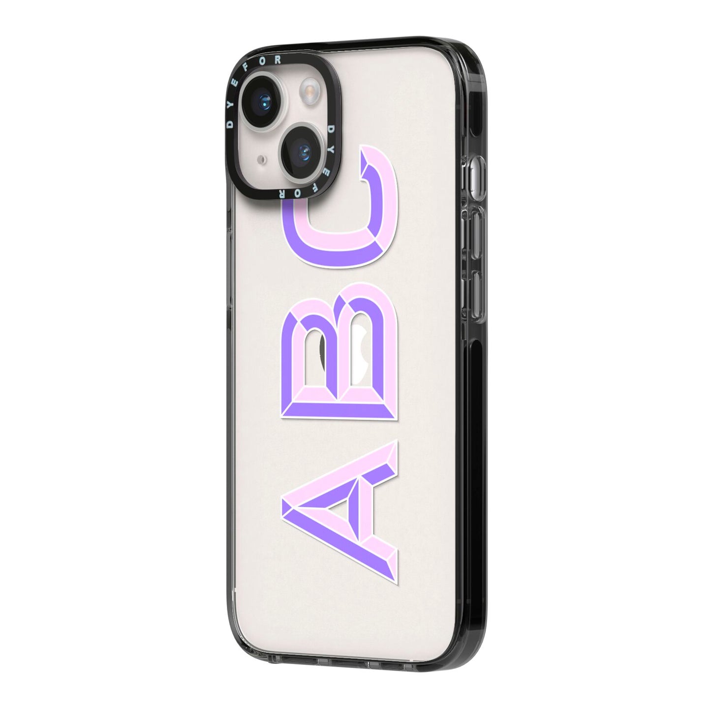 Personalised 3D Initials Monogram Clear Custom iPhone 14 Black Impact Case Side Angle on Silver phone