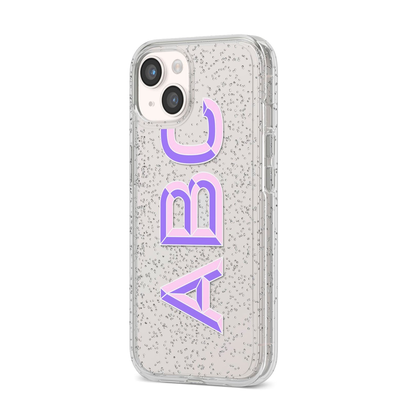 Personalised 3D Initials Monogram Clear Custom iPhone 14 Glitter Tough Case Starlight Angled Image