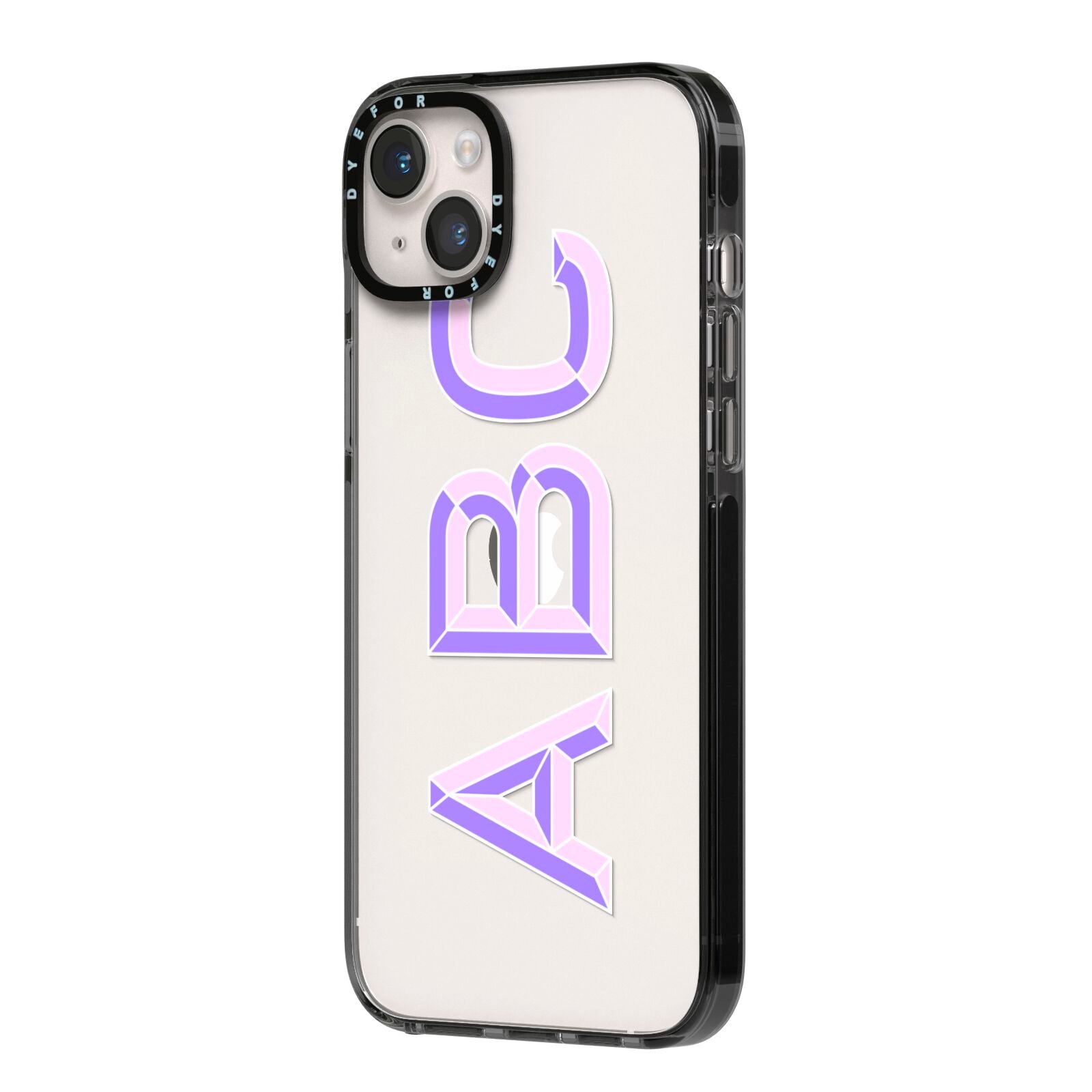 Personalised 3D Initials Monogram Clear Custom iPhone 14 Plus Black Impact Case Side Angle on Silver phone