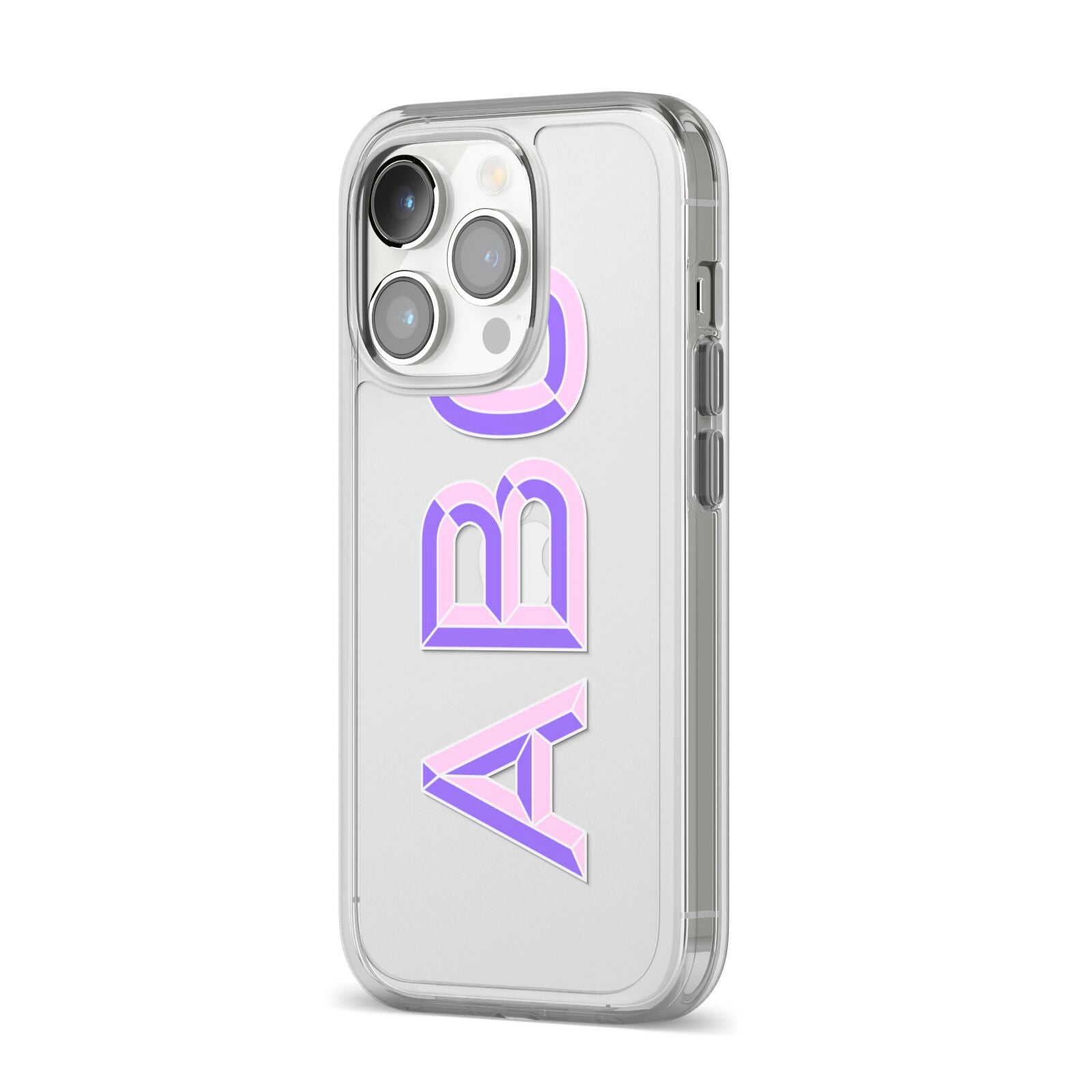 Personalised 3D Initials Monogram Clear Custom iPhone 14 Pro Clear Tough Case Silver Angled Image