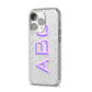 Personalised 3D Initials Monogram Clear Custom iPhone 14 Pro Glitter Tough Case Silver Angled Image