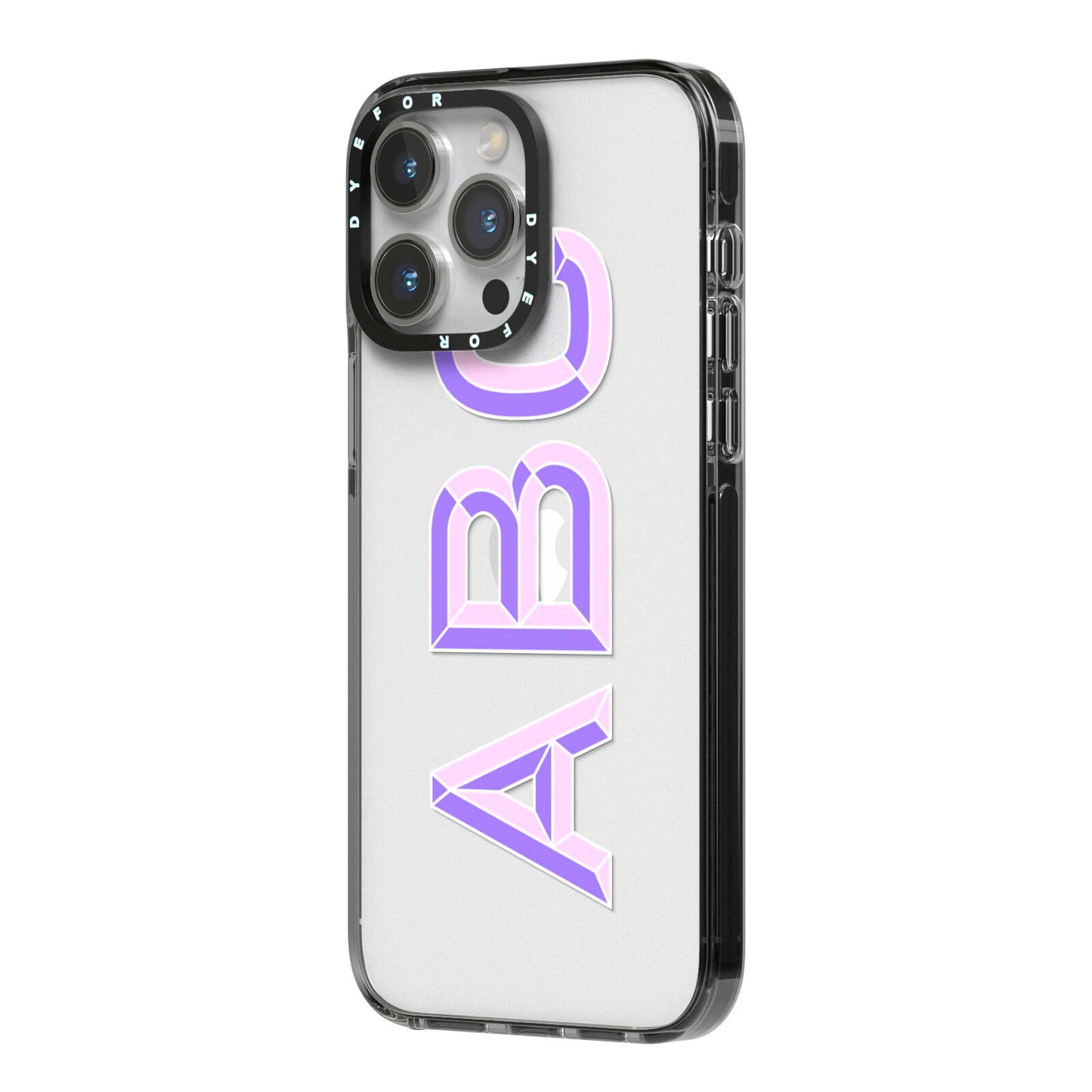 Personalised 3D Initials Monogram Clear Custom iPhone 14 Pro Max Black Impact Case Side Angle on Silver phone