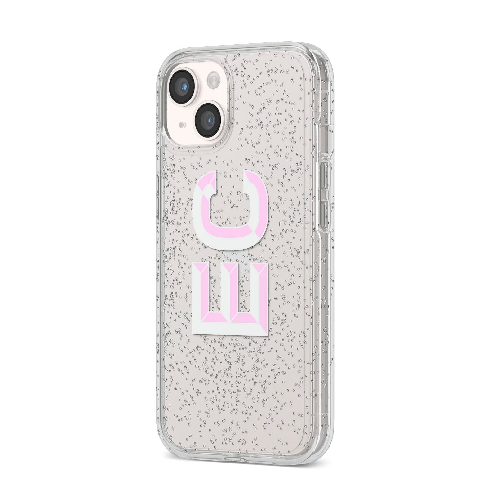 Personalised 3D Side Initials Clear Custom iPhone 14 Glitter Tough Case Starlight Angled Image