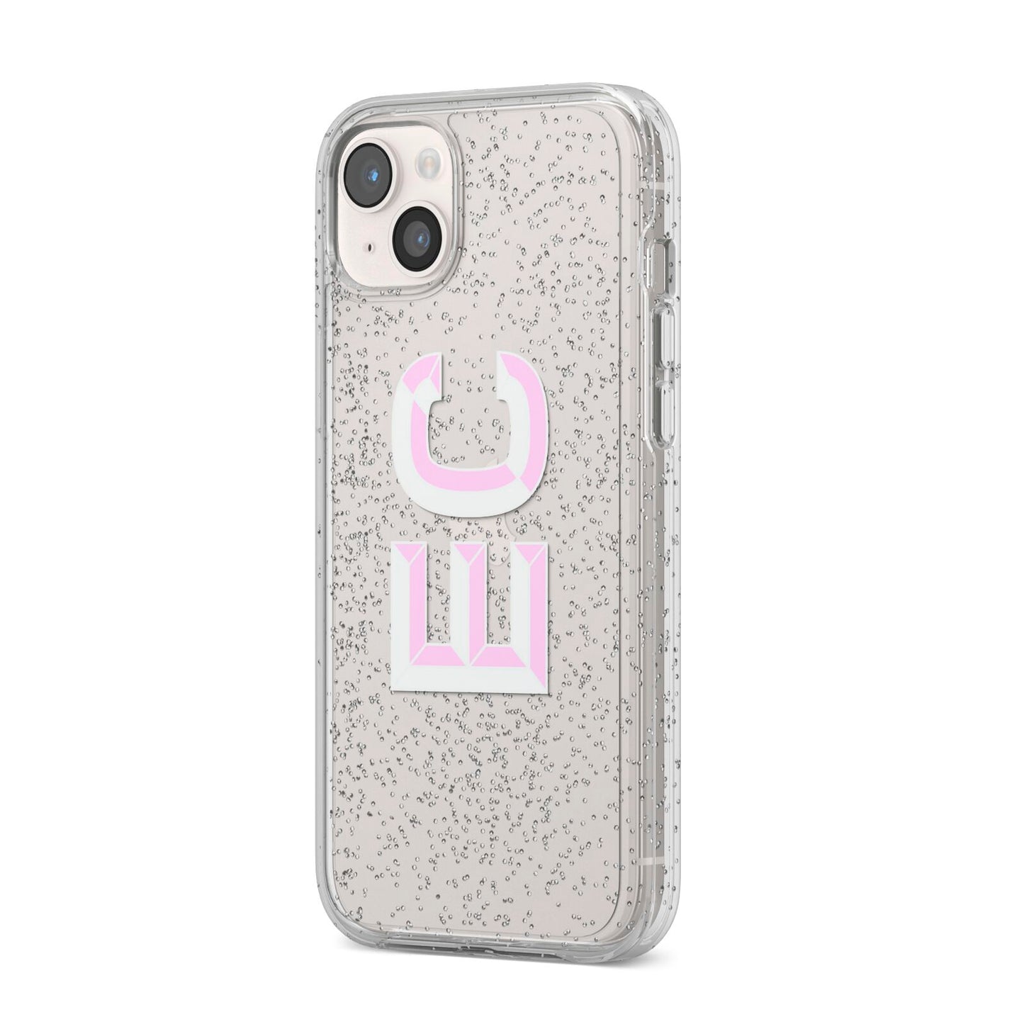 Personalised 3D Side Initials Clear Custom iPhone 14 Plus Glitter Tough Case Starlight Angled Image