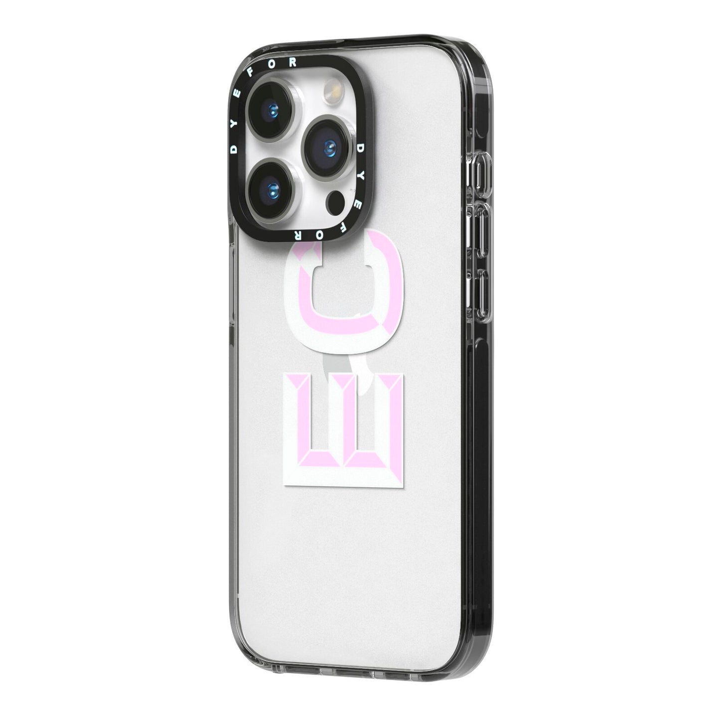 Personalised 3D Side Initials Clear Custom iPhone 14 Pro Black Impact Case Side Angle on Silver phone