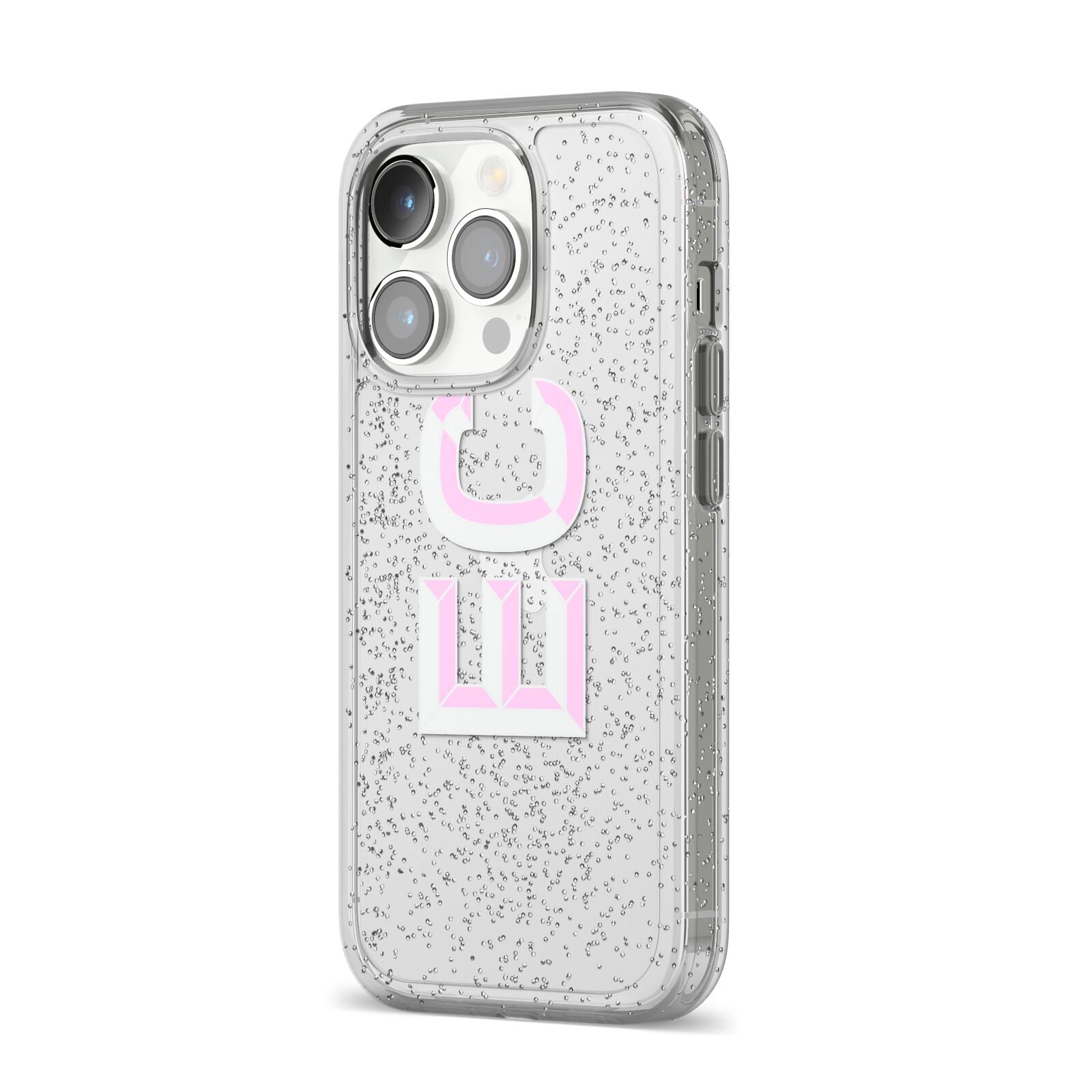 Personalised 3D Side Initials Clear Custom iPhone 14 Pro Glitter Tough Case Silver Angled Image