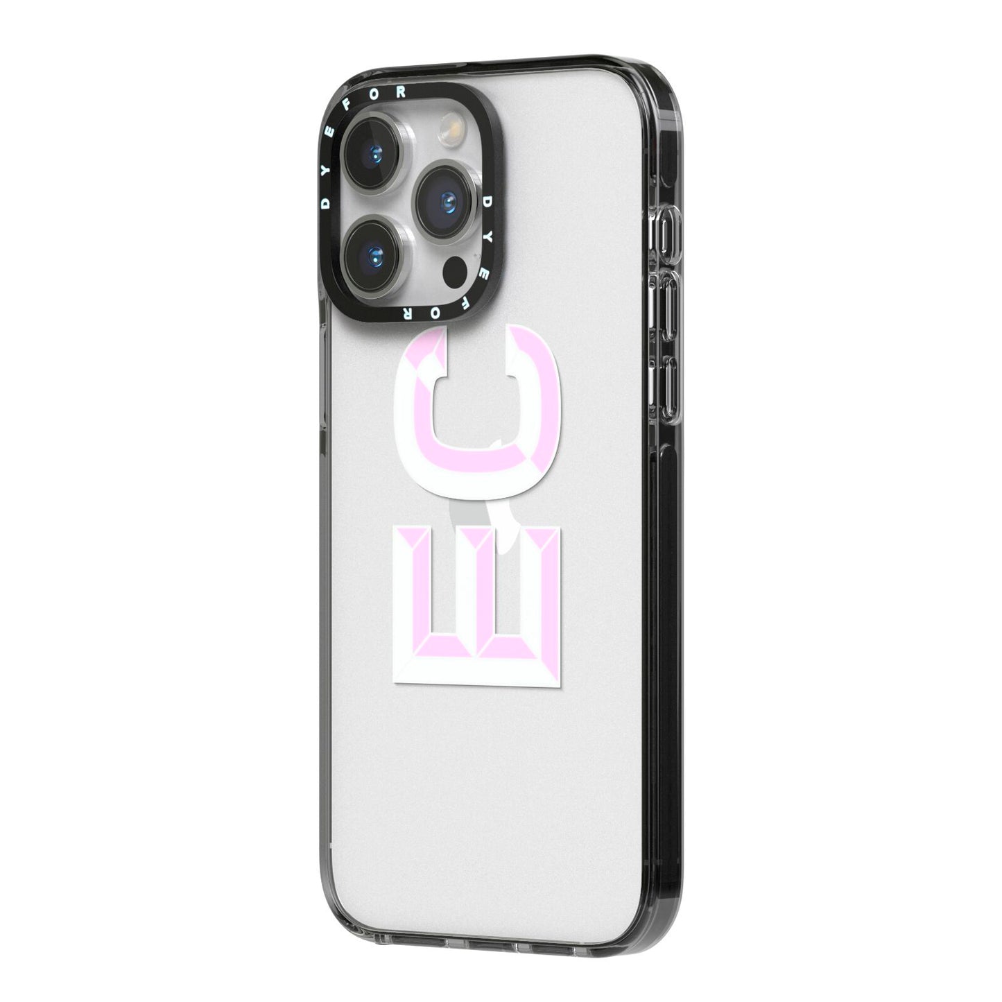 Personalised 3D Side Initials Clear Custom iPhone 14 Pro Max Black Impact Case Side Angle on Silver phone