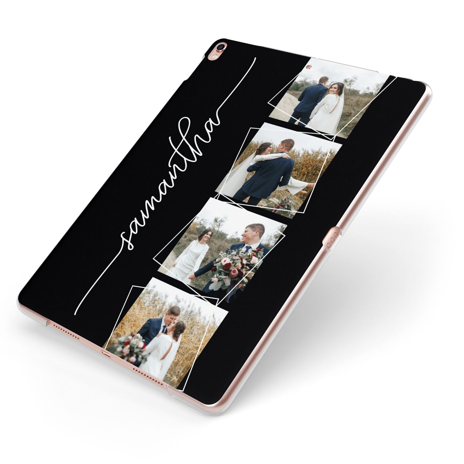 Personalised 4 Photo Couple Name Apple iPad Case on Rose Gold iPad Side View