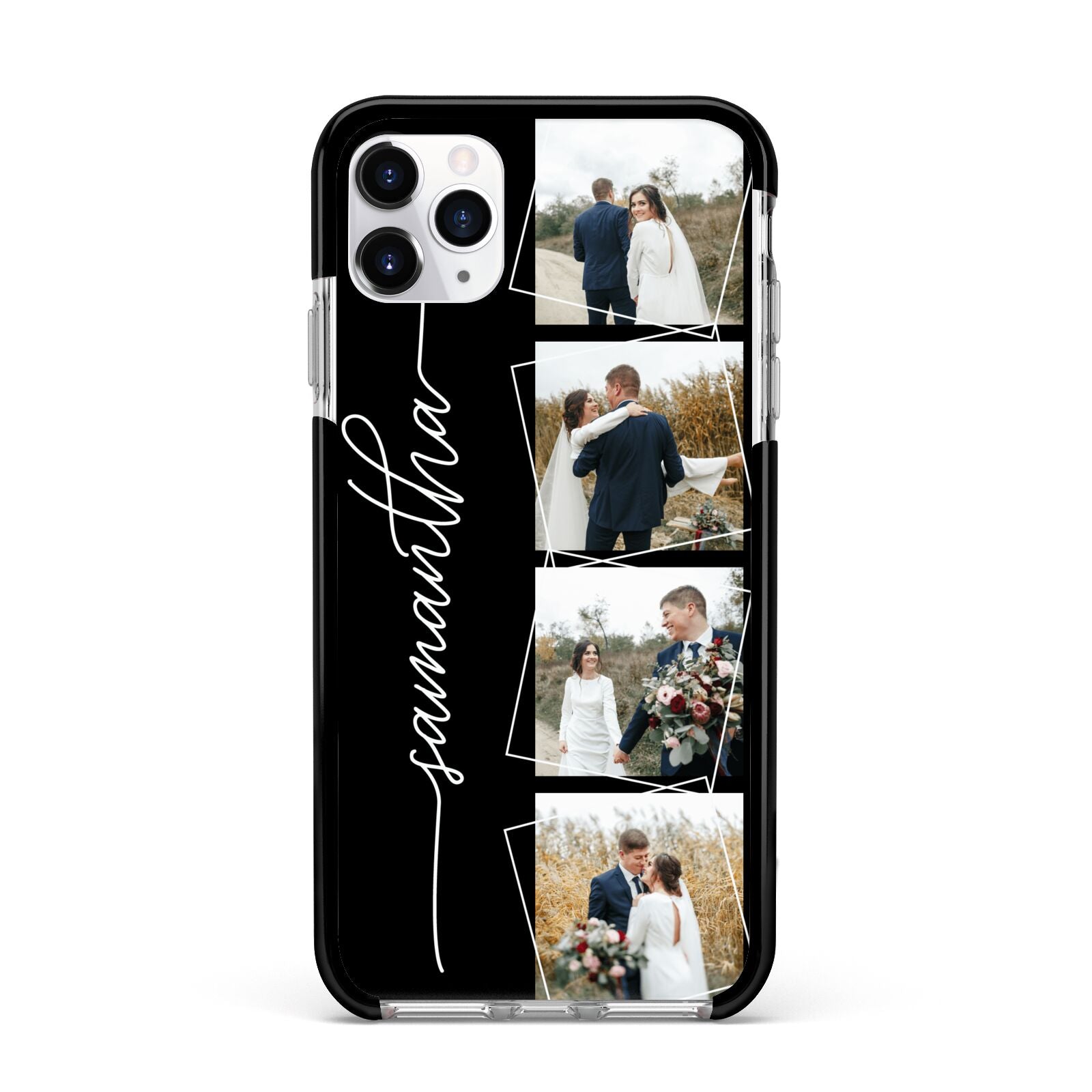 Personalised 4 Photo Couple Name Apple iPhone 11 Pro Max in Silver with Black Impact Case