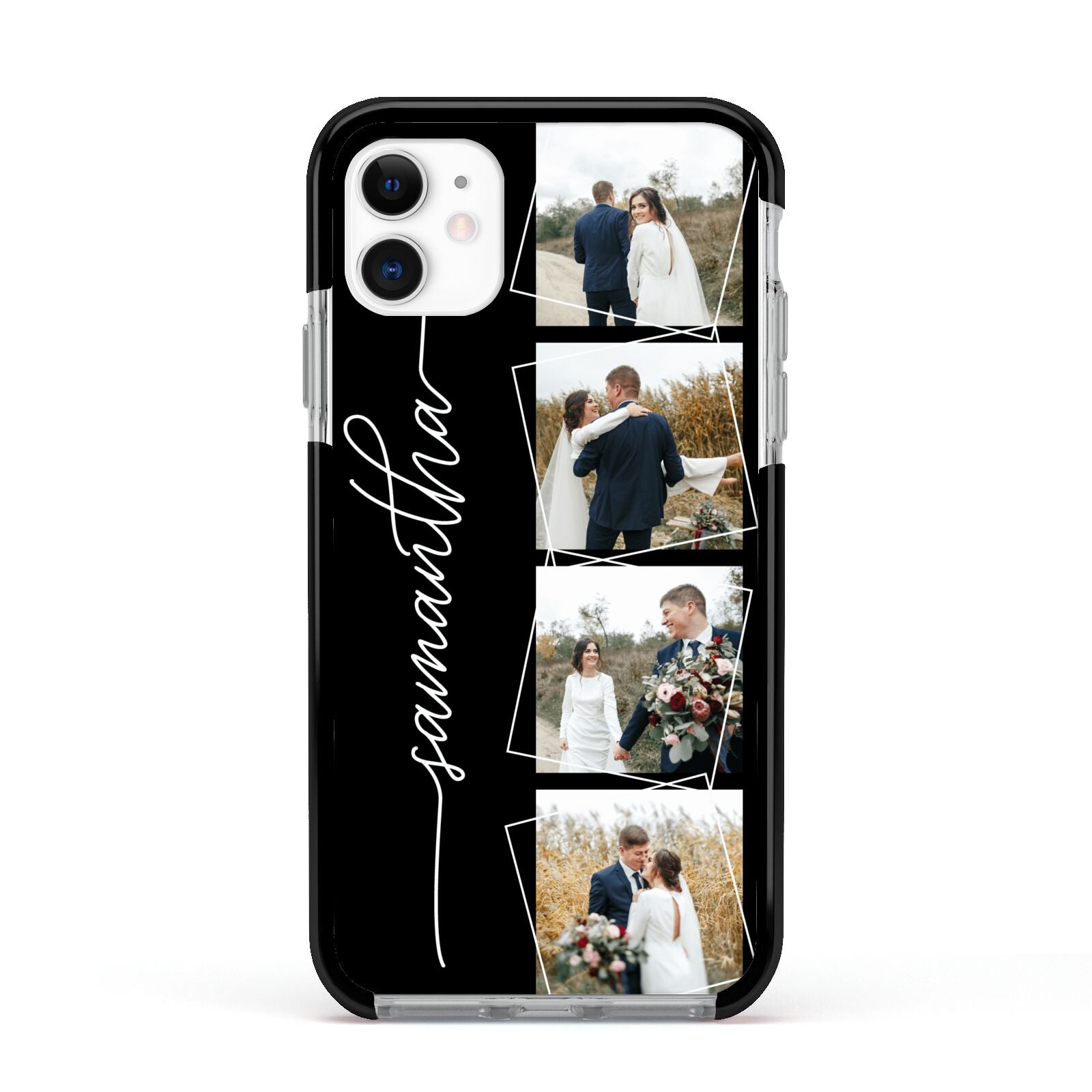Personalised 4 Photo Couple Name Apple iPhone 11 in White with Black Impact Case