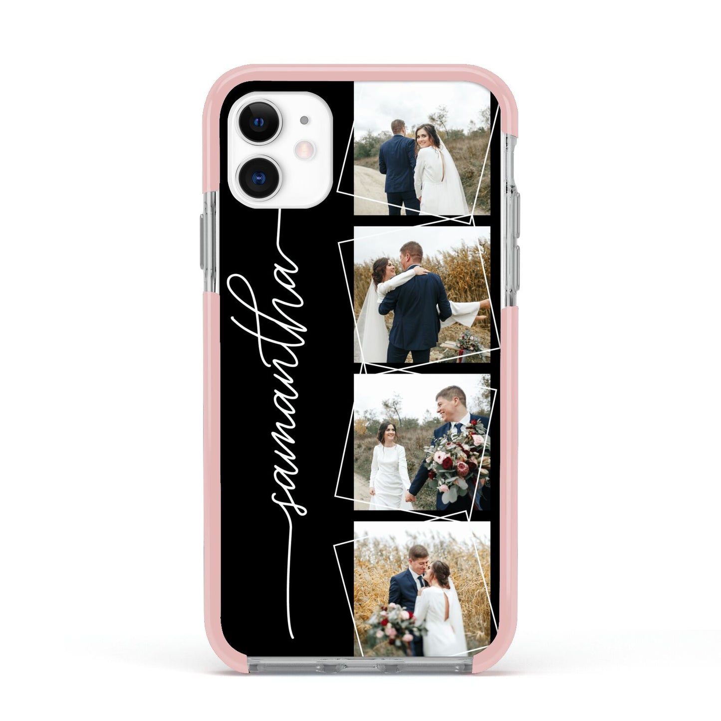 Personalised 4 Photo Couple Name Apple iPhone 11 in White with Pink Impact Case