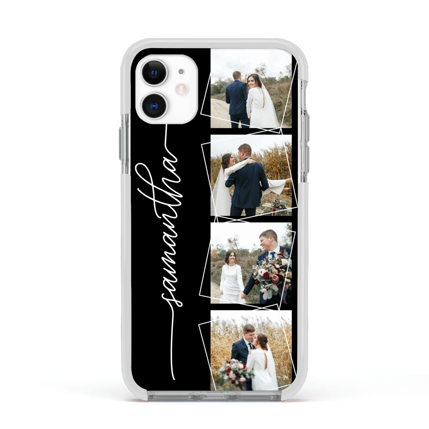 Personalised 4 Photo Couple Name Apple iPhone 11 in White with White Impact Case