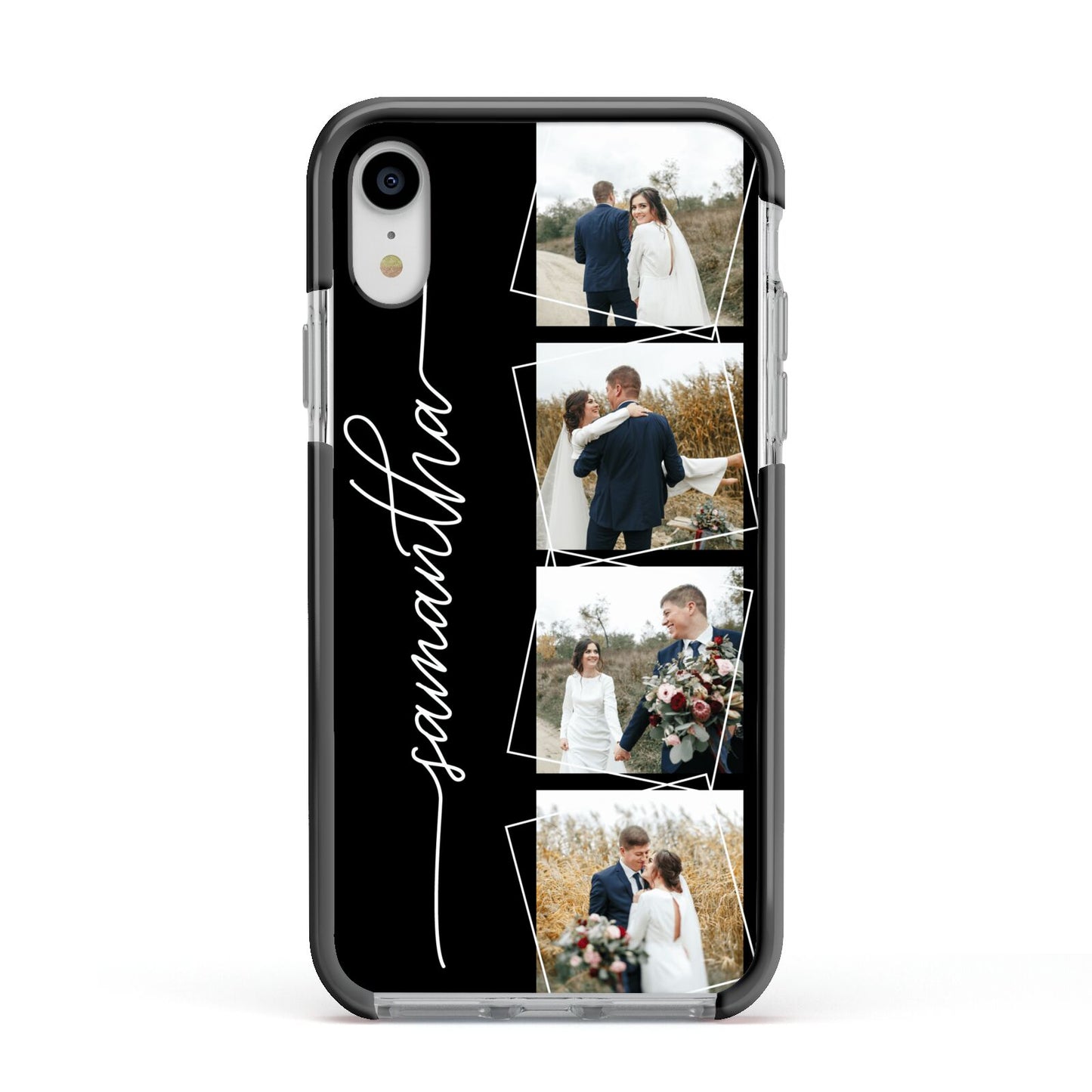 Personalised 4 Photo Couple Name Apple iPhone XR Impact Case Black Edge on Silver Phone