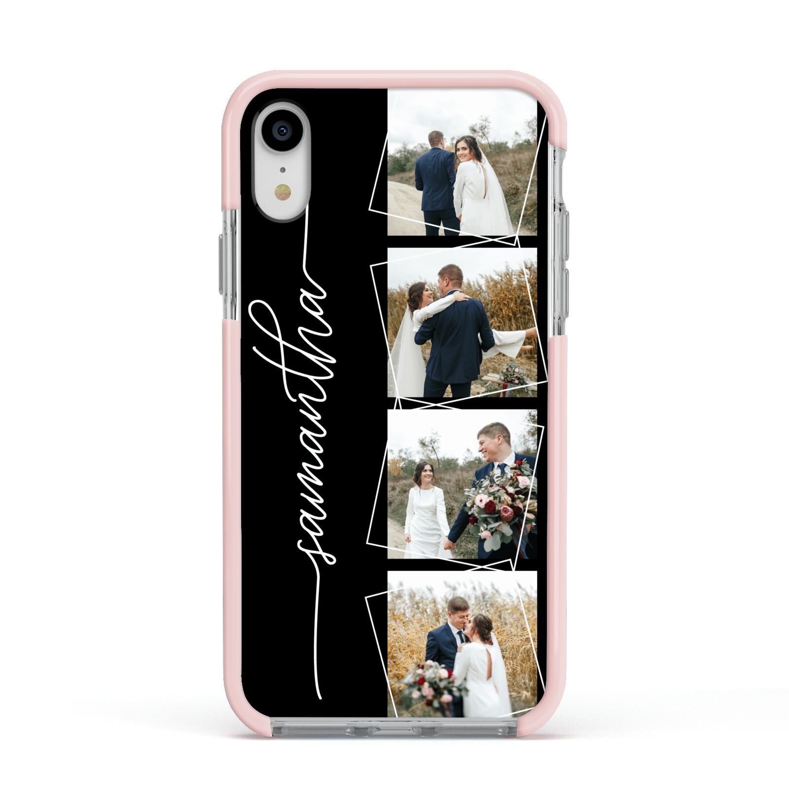 Personalised 4 Photo Couple Name Apple iPhone XR Impact Case Pink Edge on Silver Phone
