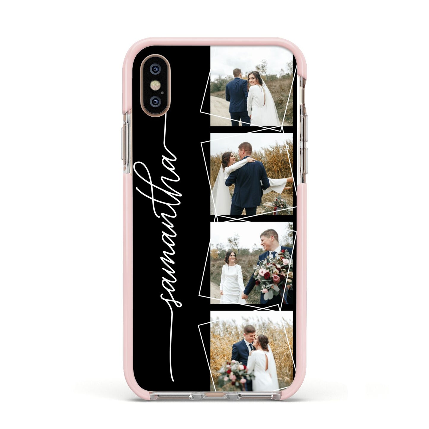 Personalised 4 Photo Couple Name Apple iPhone Xs Impact Case Pink Edge on Gold Phone