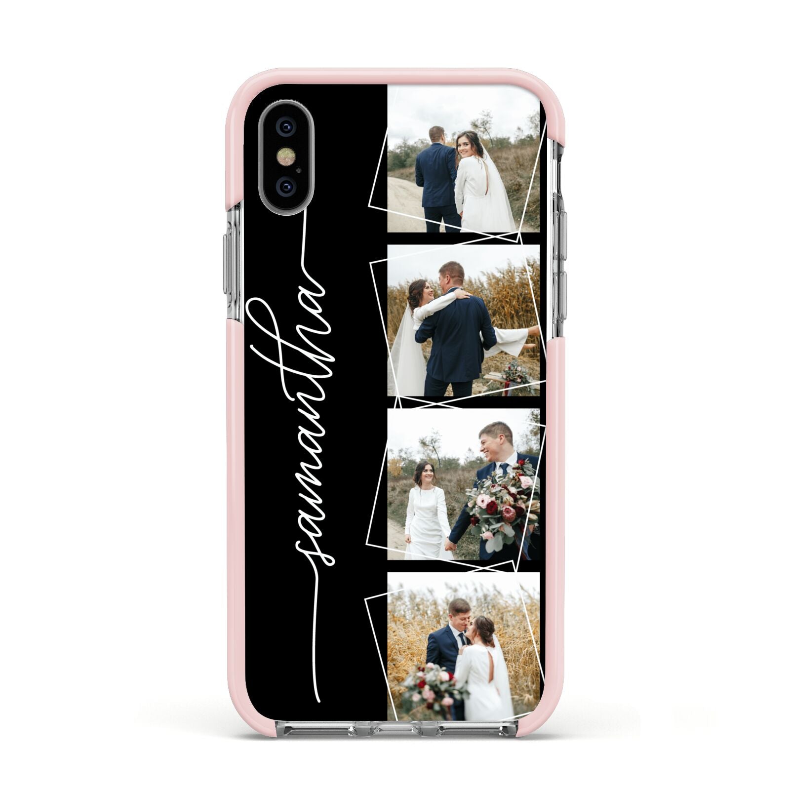 Personalised 4 Photo Couple Name Apple iPhone Xs Impact Case Pink Edge on Silver Phone