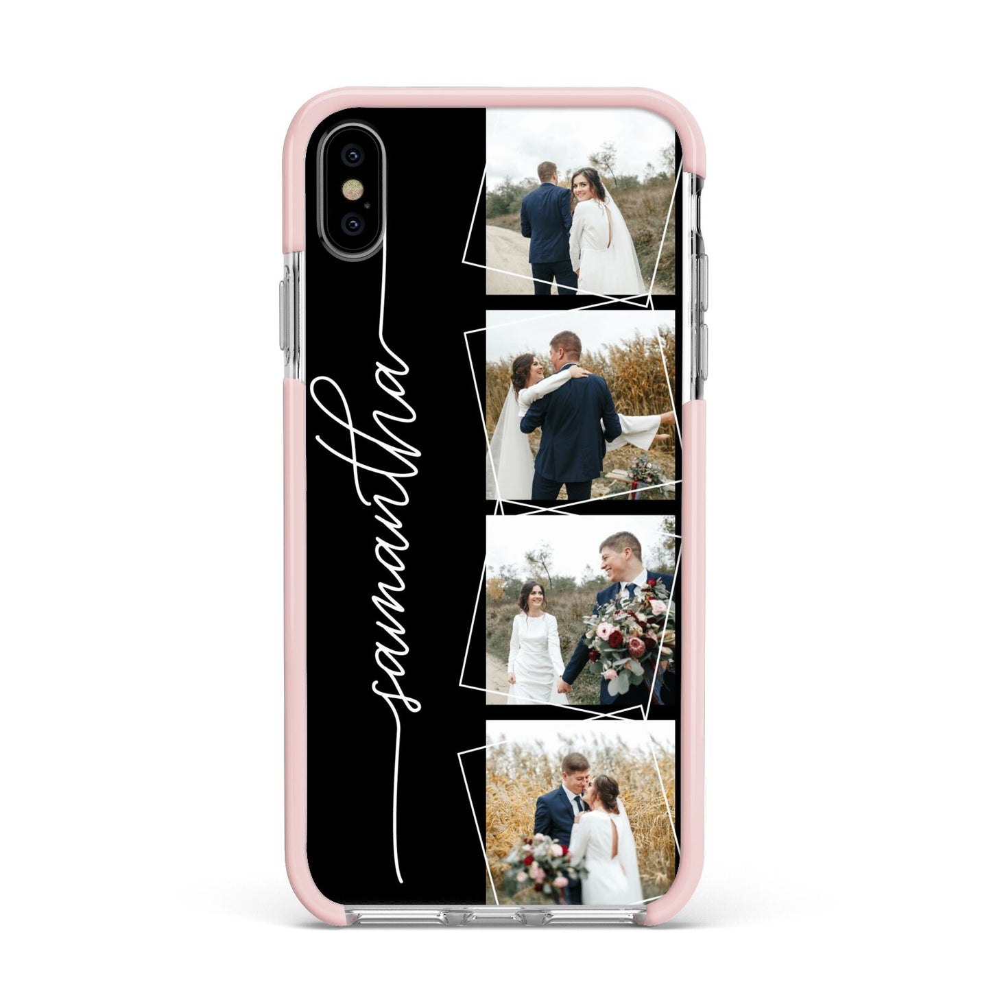 Personalised 4 Photo Couple Name Apple iPhone Xs Max Impact Case Pink Edge on Silver Phone